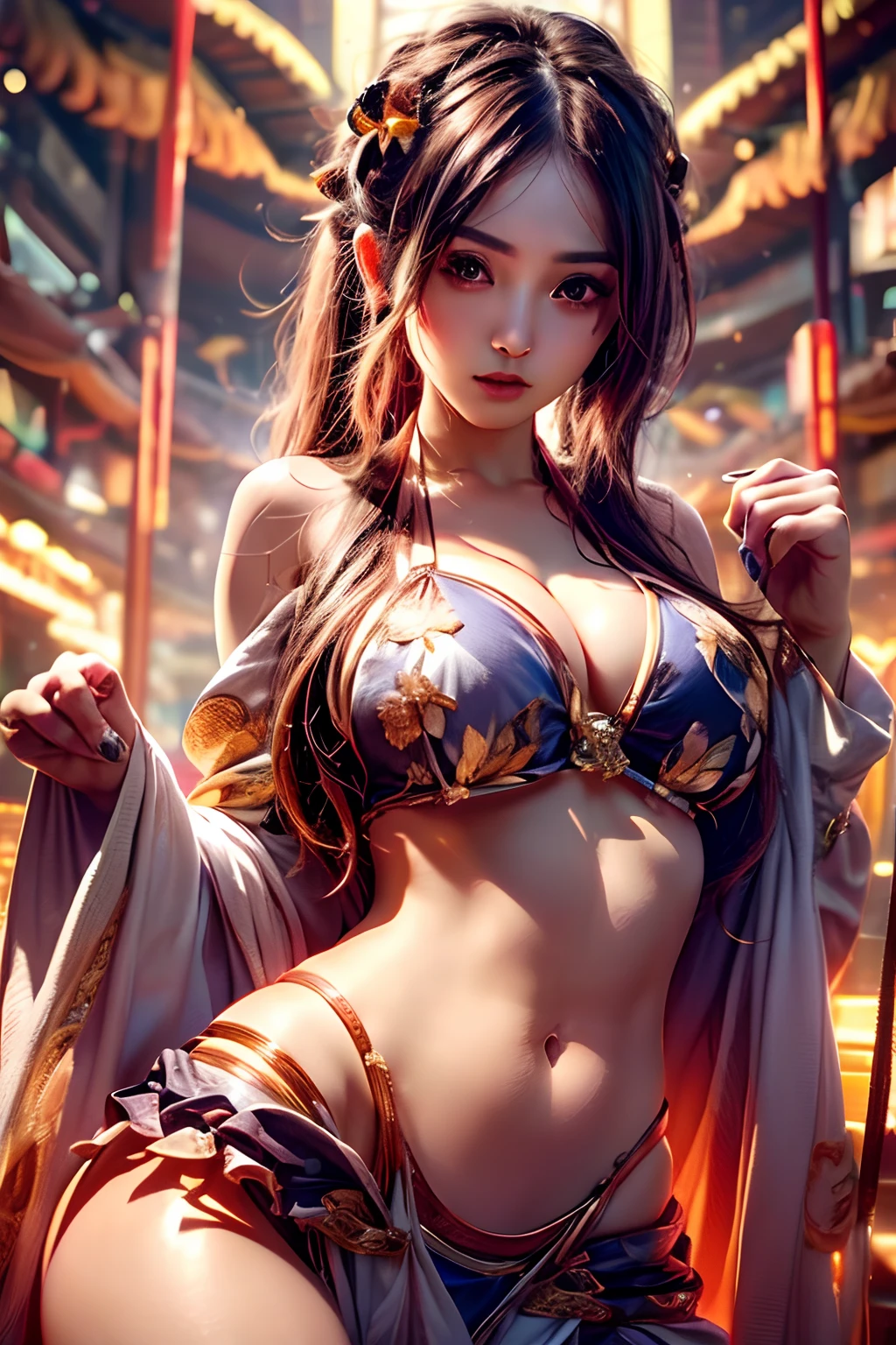 High resolution, extremely detailed photo, 8k full color, Upper body, (girl with), detailed medium breasts, cleavage, beautiful detailed face and eyes, Dynamic hairstyle, (wearing dynamic bikini:1.5), Professional Lighting, Best Quality、Full body like