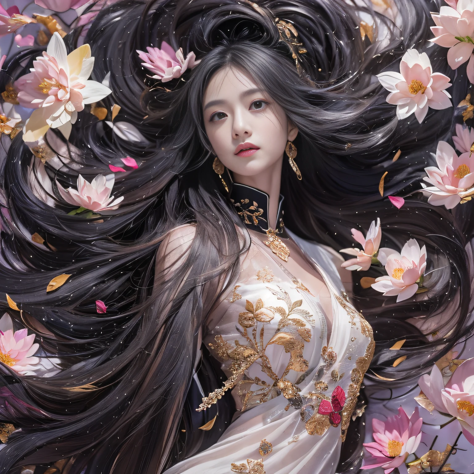 32K(tmasterpiece,k hd,hyper HD,32K)Long flowing black hair,ponds,zydink, a color, Asian people (Silly girl), (Silk scarf), Combat posture, looking at the ground, long whitr hair, Floating hair, Carp pattern headdress, Chinese long-sleeved clothing, (abstract ink splash:1.2), Pink petal background,Pink and white lotus flowers fly(realisticlying:1.4),Black color hair,Fallen leaves flutter,The background is pure, A high resolution, the detail, RAW photogr, Sharp Re, Nikon D850 Film Stock Photo by Jefferies Lee 4 Kodak Portra 400 Camera F1.6 shots, Rich colors, ultra-realistic vivid textures, Dramatic lighting, Unreal Engine Art Station Trend, cinestir 800,Long flowing black hair