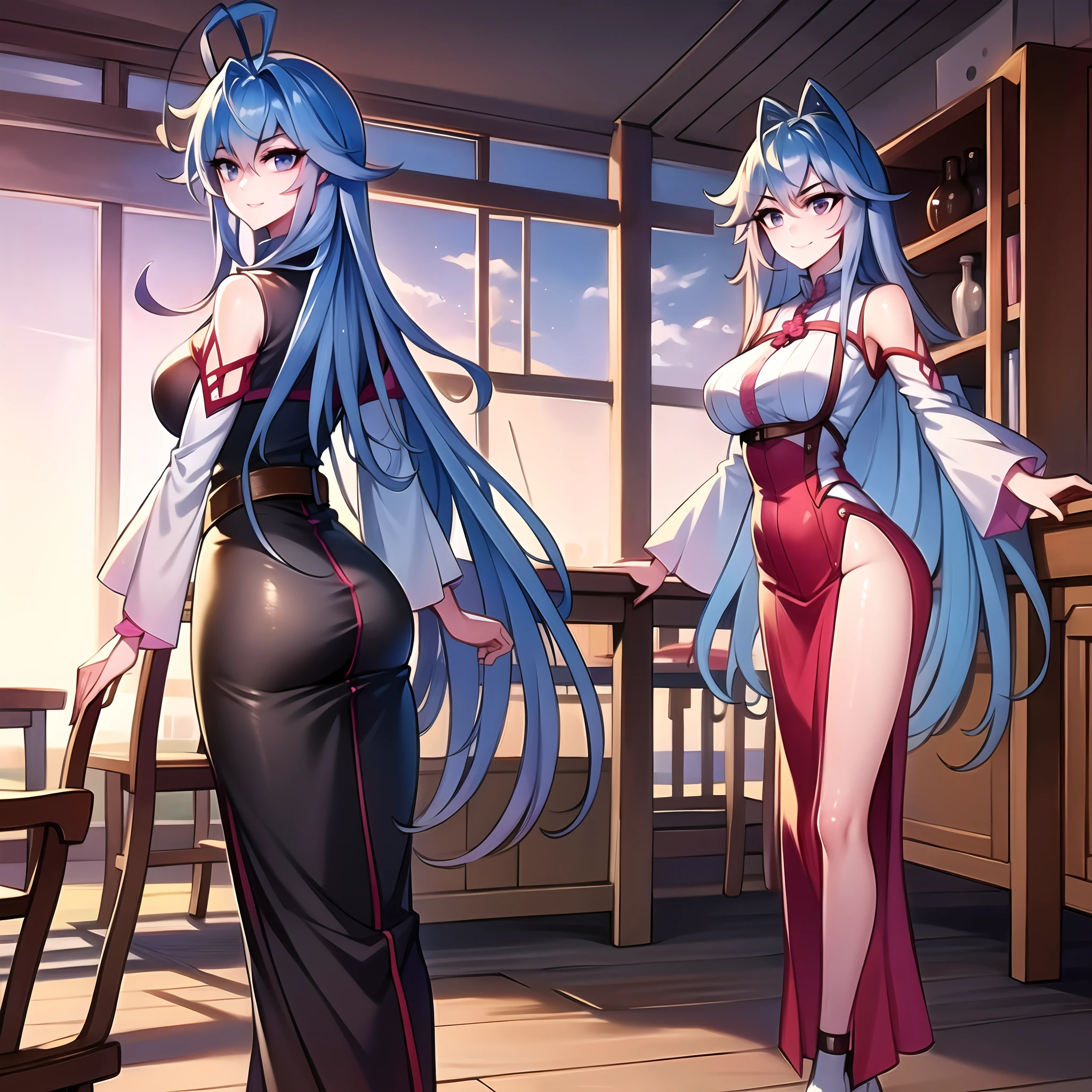 (masterpiece: 1.2),  best quality, ultra high res, shiny skin, mature female, fashi-g, ultra high res, perfect anatomy, best shadow, best quality, ((1girl, solo)), hair ornament, very long hair, huge breasts, smile, looking at viewer, very long hair, long sleeves, blue eyes, blue hair, bangs, hair between eyes, long dress, high boots, flower, full body, from behind, sexy