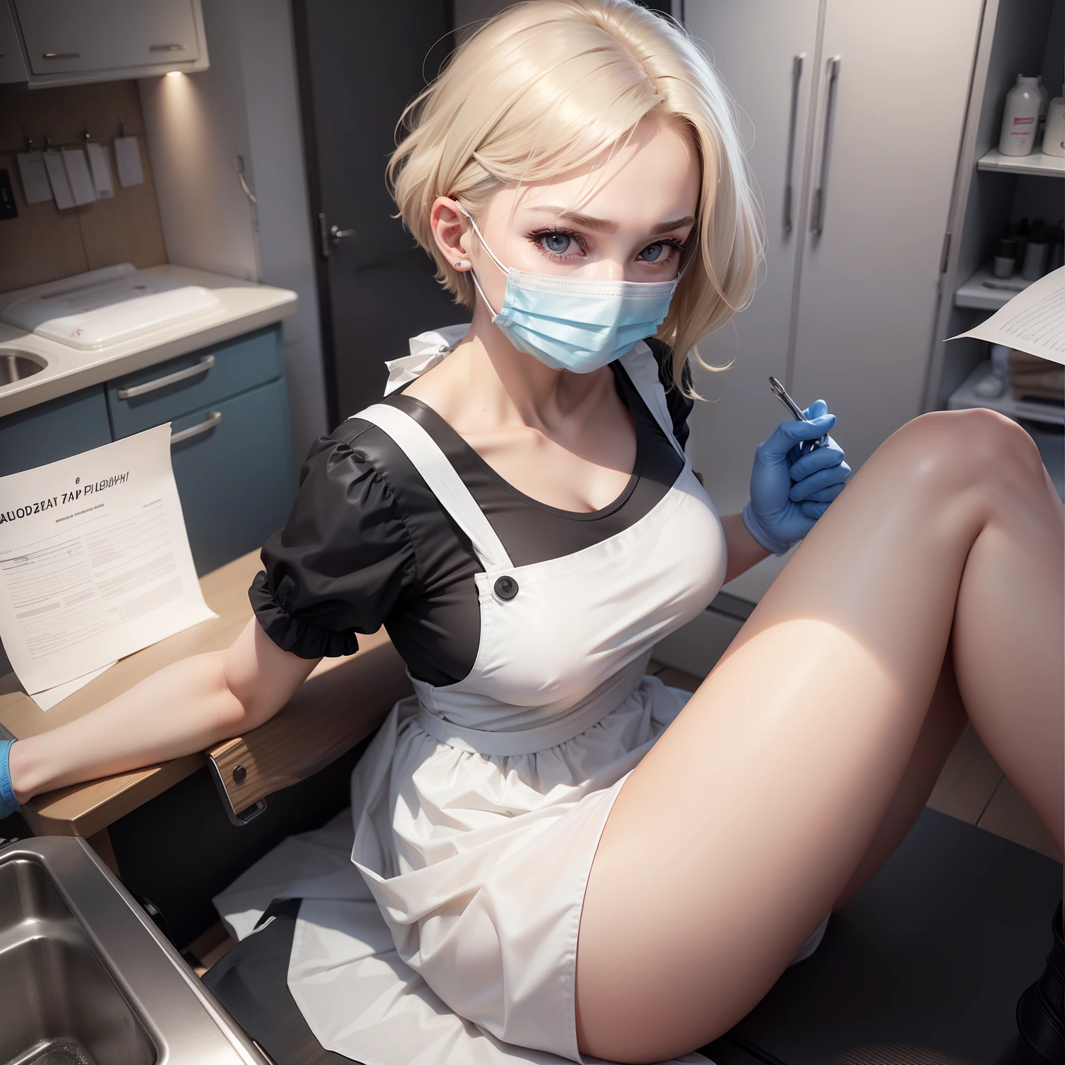 Czech woman、20yr old、Cool gaze、Human skin feel、Realistic Woman、Paper Apron、a blond、Dental Hygienist、dentistry、dentist、Solo Shot、short-cut、surgical mask、masks、gloves、rubber glove、