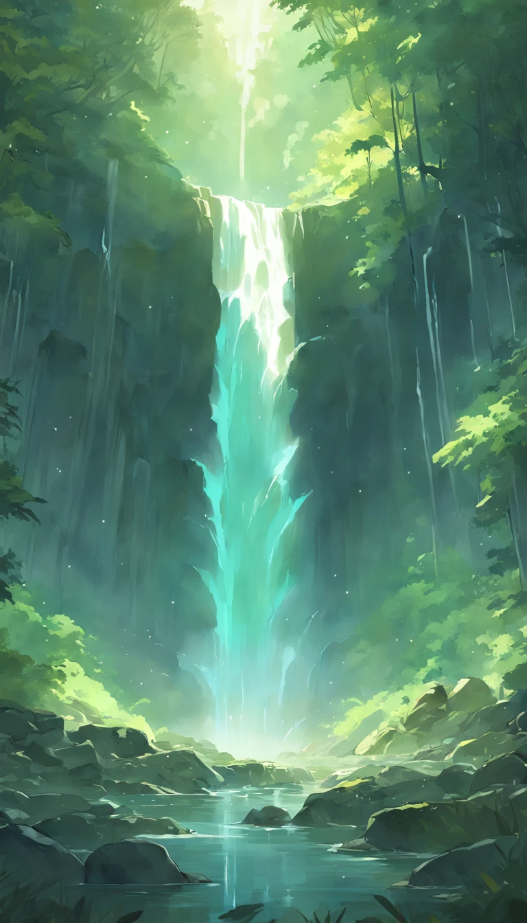 painting of a waterfall in a green forest with a sunbeam, waterfalls, amazing depth, breathtaking masterpiece of art, peaceful beautiful waterfall, multiple waterfalls, an endless waterfall, (waterfall), waterfall(beautiful, waterfall backdrop, waterfall, beautiful art uhd 4 k, streams of flowing light, soft airbrushed artwork, immense waterfall, cascading iridescent waterfalls