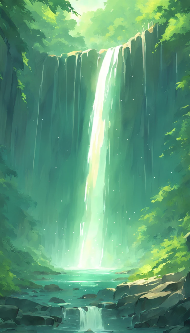 painting of a waterfall in a green forest with a sunbeam, waterfalls, amazing depth, breathtaking masterpiece of art, peaceful beautiful waterfall, multiple waterfalls, an endless waterfall, (waterfall), waterfall(beautiful, waterfall backdrop, waterfall, beautiful art uhd 4 k, streams of flowing light, soft airbrushed artwork, immense waterfall, cascading iridescent waterfalls