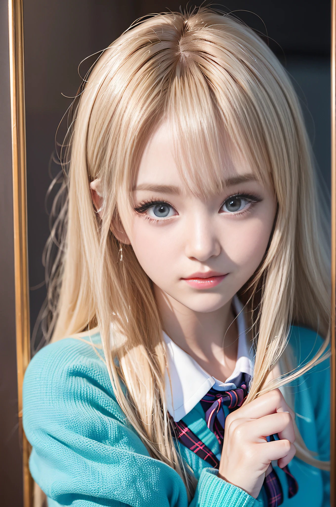 portlate、School Uniforms、bright expression、poneyTail、Young shiny shiny white shiny skin、Best Looks、Blonde reflected light、Platinum blonde hair with dazzling highlights、shiny light hair,、Silky straight hair、Beautiful bangs that shine、Glowing crystal clear attractive big blue eyes、Very beautiful nice cute girl、Lush bust、White and beautiful blouse、((The whole body is visible1.5))、Beautiful face、Pleated skirt with many checked folds、((Well-formed face))、Pose Seductive、((School Idol 1.7))++、Sexy body、(top-quality:1.4)