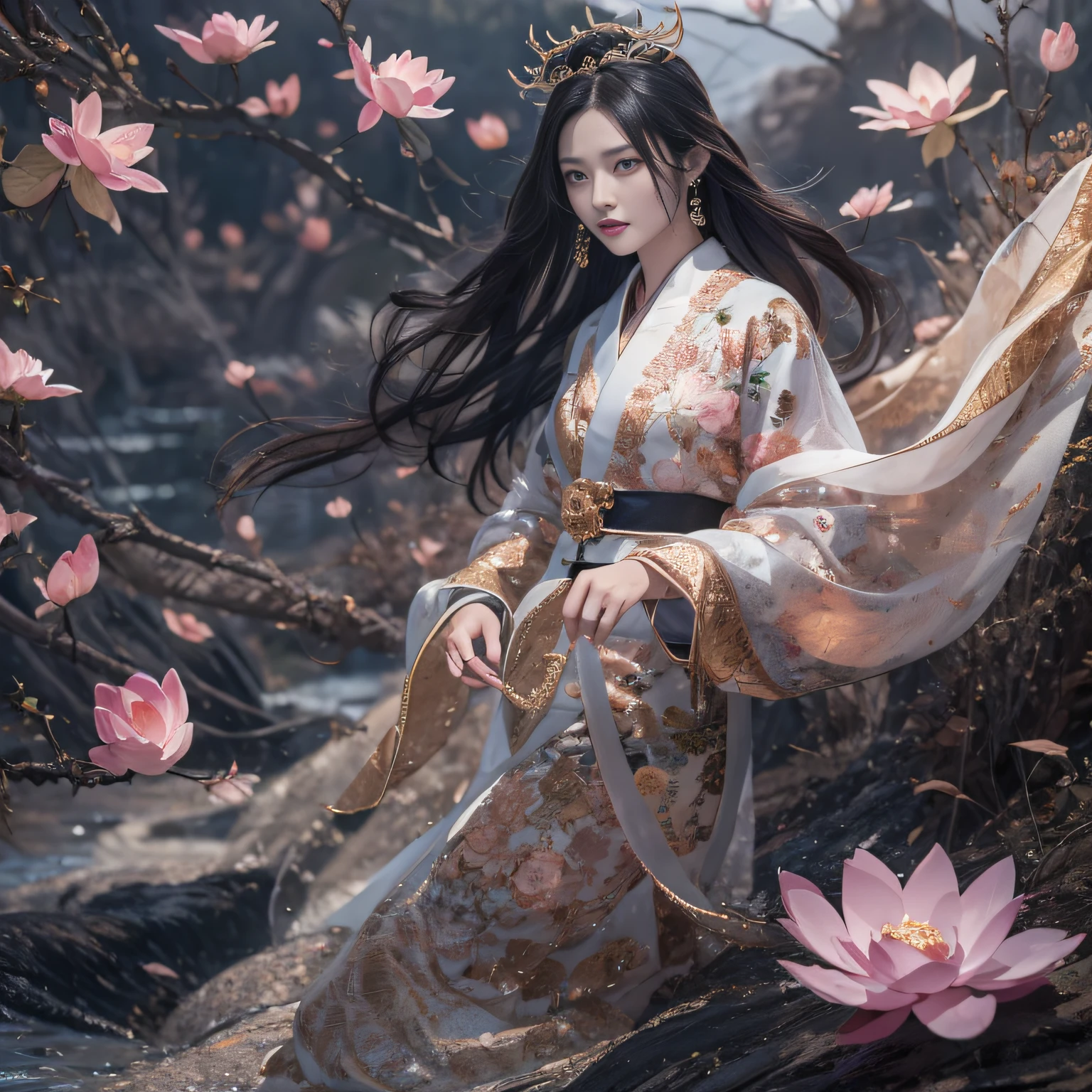 32K（tmasterpiece，k hd，hyper HD，32K）Long flowing black hair，ponds，zydink， a color，  Asian people （Silly girl）， （Silk scarf）， Combat posture， looking at the ground， long whitr hair， Floating hair， Carp pattern headdress， Chinese long-sleeved clothing， （abstract ink splash：1.2）， Pink petal background，Pink and white lotus flowers fly（realisticlying：1.4），Black color hair，Fallen leaves flutter，The background is pure， A high resolution， the detail， RAW photogr， Sharp Re， Nikon D850 Film Stock Photo by Jefferies Lee 4 Kodak Portra 400 Camera F1.6 shots, Rich colors, ultra-realistic vivid textures, Dramatic lighting, Unreal Engine Art Station Trend, cinestir 800，Long flowing black hair