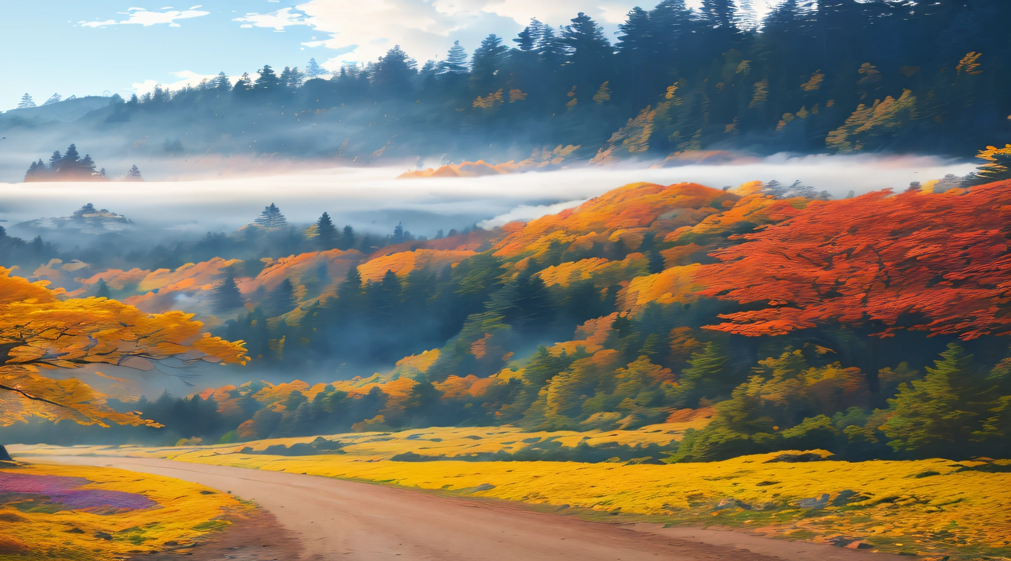 There are orange leaves and foggy trees on the dirt road, autumn mountains, autumn forest, Autumn colors, colorful autumn trees, dramatic autumn landscape, A shimmering colorful mist, rich picturesque colors, forest colors, mist in valley, Misty Forest, beautiful forests and trees, shutter inventory, autum, breathtaking colors, Bright autumn colors, foggy forest, beautiful high resolution