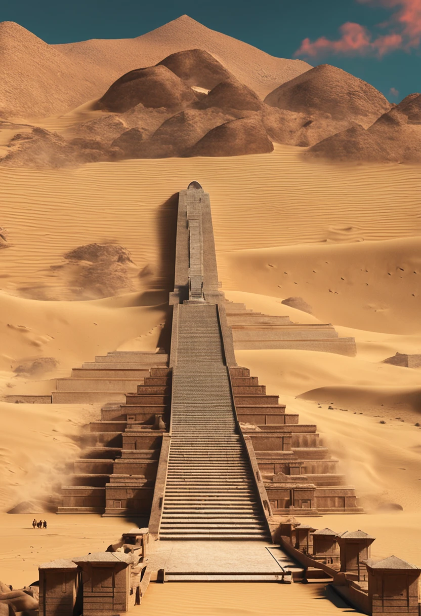 Ultra-clear detailed,Realistic,On the desolate earth sits the pyramids,A desert,sandstorms,The wind was raging, and there was no one。high saturated。Look up