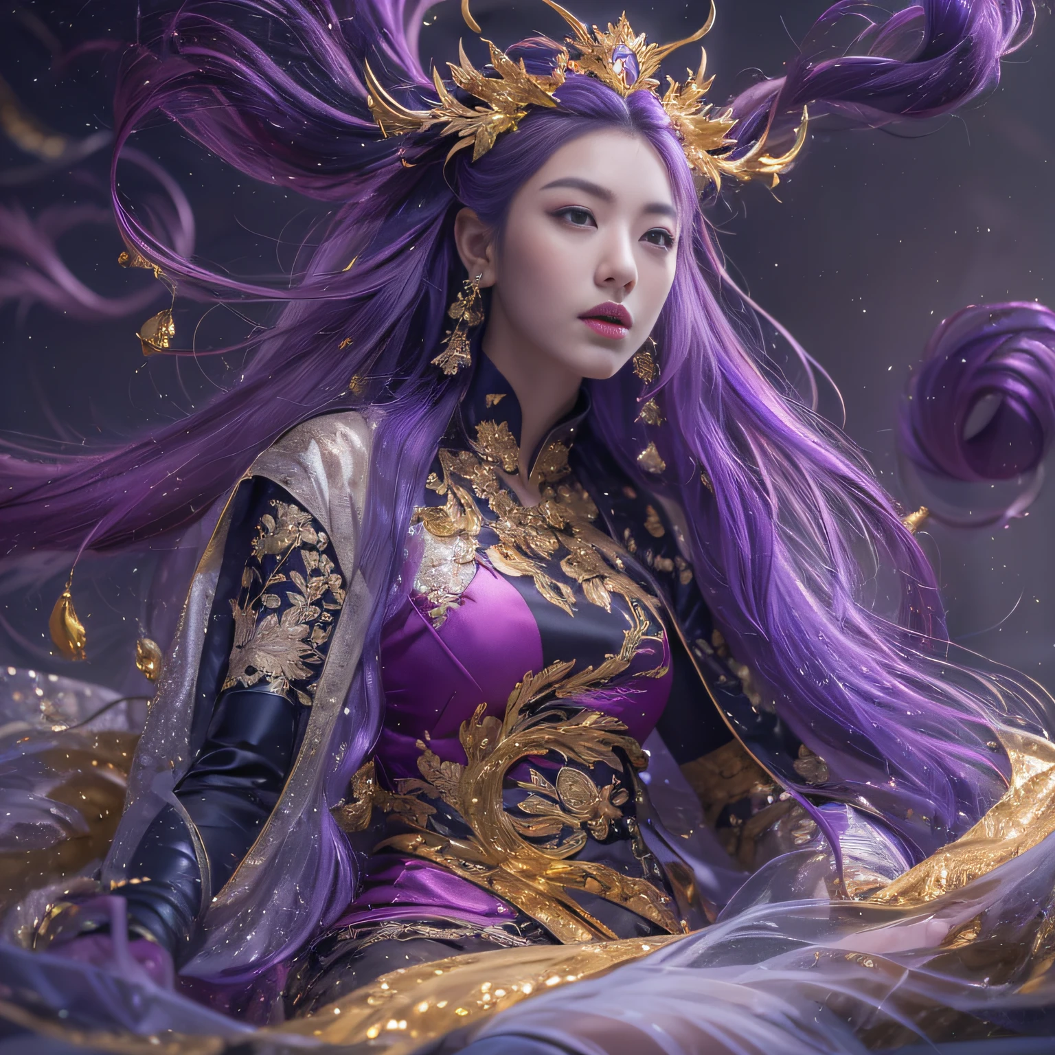 32K（tmasterpiece，k hd，hyper HD，32K）Long flowing bright purple hair，Autumn Pond，zydink， a color，  Asian people （Silly girl）， （Silk scarf）， Combat posture， looking at the ground， long whitr hair， Floating bright purple， Fire cloud pattern gold tiara， Chinese long-sleeved gold silk garment， （abstract ink splash：1.2）， white backgrounid，Lotus protector（realisticlying：1.4），Bright purple hair，Smoke on the road，The background is pure， A high resolution， the detail， RAW photogr， Sharp Re， Nikon D850 Film Stock Photo by Jefferies Lee 4 Kodak Portra 400 Camera F1.6 shots, Rich colors, ultra-realistic vivid textures, Dramatic lighting, Unreal Engine Art Station Trend, cinestir 800，Long flowing bright purple hair