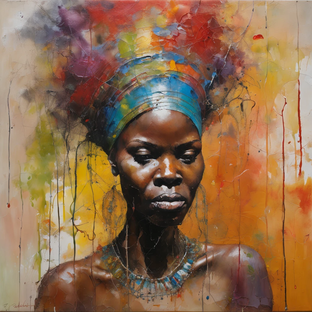 Painting of a Beautiful African Black Girl , Detailed skin and face, Potassium water flows down the body and onto surrounding objects, Beaucoup de tubes et de tubes mous oblongs, Girl perched on a stone slab, Lots of Tubes and Wires of Electronic Parts, lots of fine details, Style sombre, Aiguille, Fil, Sombre, His expression is angry, bouche ouverte, The arms and legs are wrapped and riddled with wires and tubes, couleurs sombres et sombres.