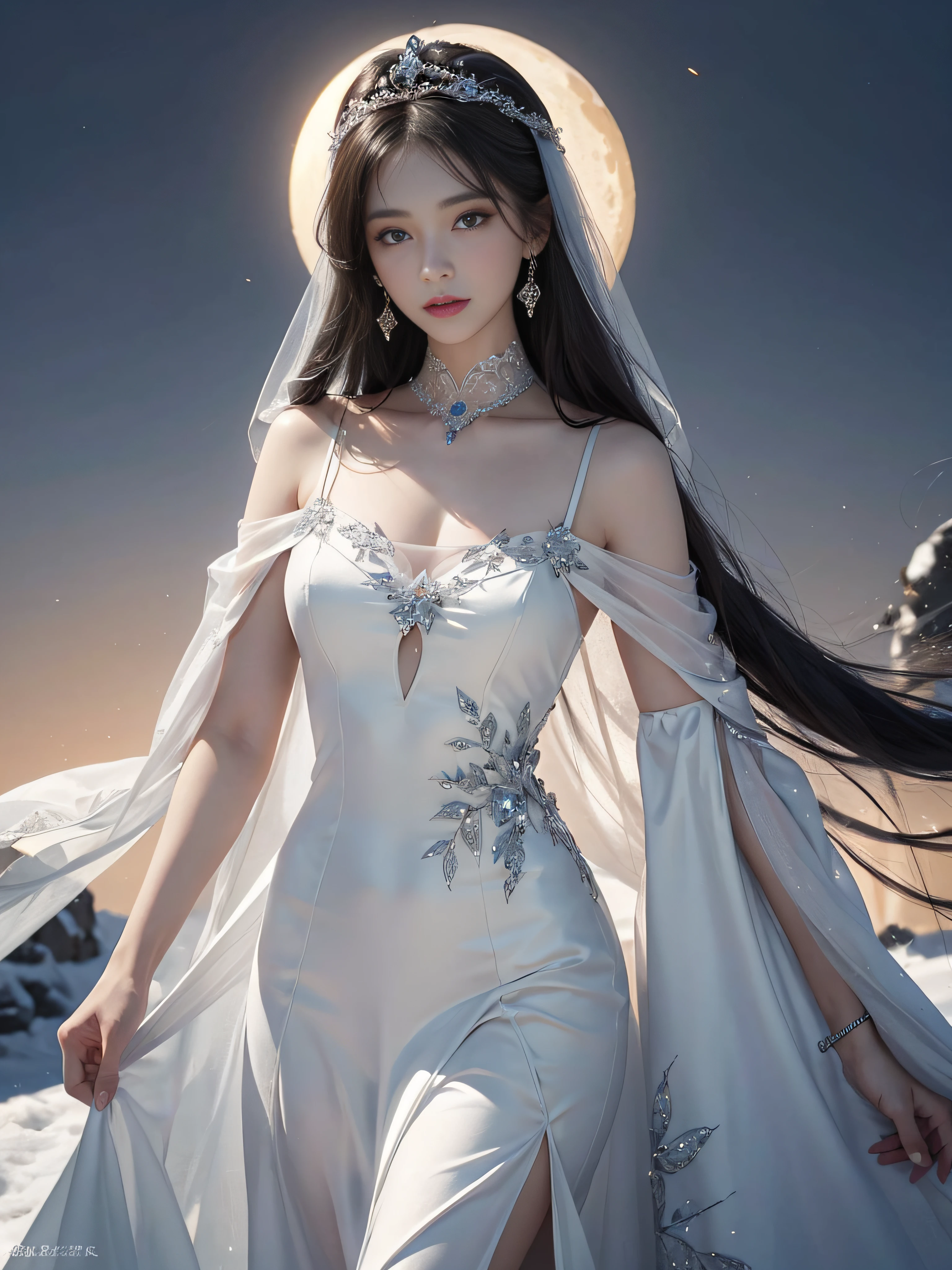 tmasterpiece,A high resolution,Absolutely beautiful,a mature female,Fine and detailed eyes and detailed face,Tall and tall,appearance:Clean as frost,Don't look at it,Beautiful atmosphere,extremely beautiful,Elegant and elegant,Light and pleasant,Wind is natural,Warm as jade,Clear as water,Elegance is incomprehensible,The eyebrows are like frost and snow,Snow and ice,Like a fairy,Out and out of the world does not eat human fireworks,She is a stunning beauty embryo,Its peerless style,It's a world of beauty。She was dressed in a white dress like a light veil,It's like being in smoke,The whole body is shrouded in a light smoke mist,Imitation Phantom,Drifting like a god,It is even more elegant and vulgar,Looks beautiful,It's not earthly。Except for a black hair,Snow white all over,He smiled,Such as cross-flowering,The crescent moon is halo,Exceptional style,Bright and incoherent,It's indescribably beautiful。It's just that there is a layer of blood missing between the skin,Appears unusually pale,If sick,Although the candlelight is like a glow,There was still no trace of blood on her face。Only three points of her beauty,It's outstanding,is good;If there are five points,That's enough to stand tall,is rare;If it reaches seven points,It is a stunning beauty in heaven and on earth,(Tall:1.4),