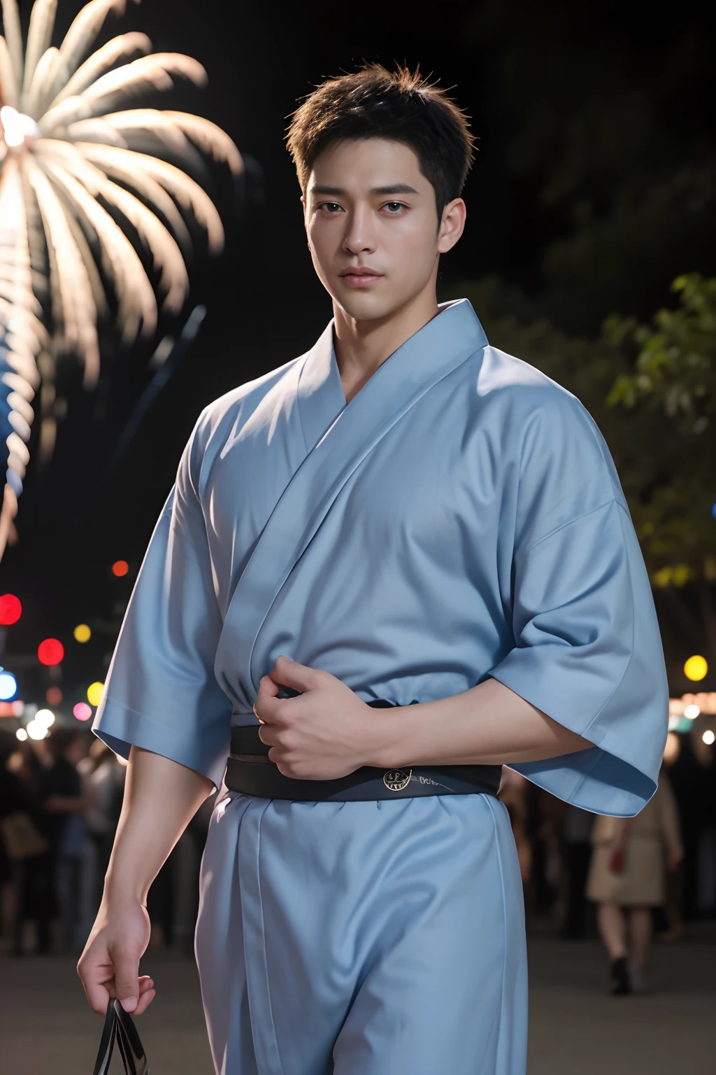 top-quality、​masterpiece、超A high resolution、(realisitic:1.4)、详细的脸、独奏、１human male、Dark hair、glistning skin、dense skin、(asian human)、architectural、(absurderes、hight resolution、ultra-detailliert)、、1 male、Adults、(Man's, 23 years old)、a handsome、tall muscular man、broad shoulder、extra very short hair、angular jaws、thick neck、thick eyebrow、extra very short hair、A dark-haired、fine eyes and detailed face、 Highly detailed CG Unity 8K wallpapers、intricate-detail、(Style Swirl Magic:0.7)、looking at the spectator、独奏、(full body Esbian:0.6)、细致背景、A detailed face、dynamicposes、、Urban background、dynamic compositions、 big muscle、、((((Crotch bulge))))、a handsome、 ((masutepiece:1.4, Best Quality)), ((masutepiece, Best Quality)), (photographrealistic:1.4)、(((Fireworks Festival)))、 Pubic hair, Open legs, , (Moccoli: 1.4),  Sweating , Blood vessels in the arm、、Chinese Bishonen、(Stroll through the city of fireworks displays:1.2), food stand, (Blue colorful long yukata made of cloth:1.3), ,  Smile, red blush,（the perfect body：1.1）、（shorth hair：1.2）、FULL BODYSHOT,（Very elaborate CG 8K wallpapers）、（extremely delicate and beautiful）、（​masterpiece）、（top-quality）:1.0)、(超A high resolution:1.0)、[hight resolution]、detailed skins、ultra-detailliert ((colourfull)), male people、Japan men、（（（Wearing glasses）））、Solid body shape、Gachimuchi