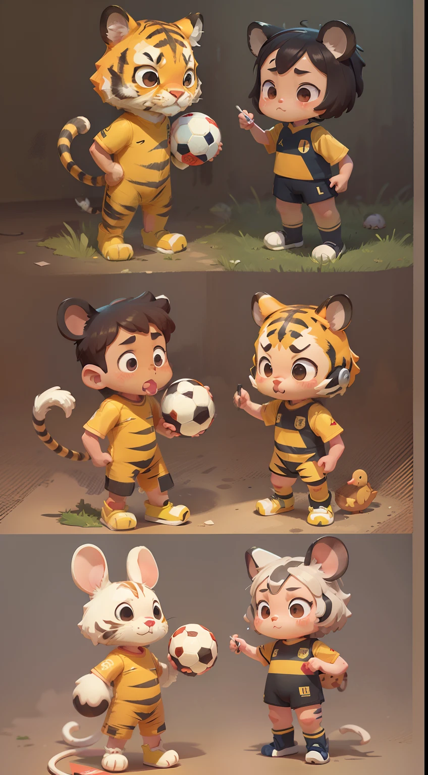 chibi tiger wear yellow jersey with his team include mouse, cat, rabbit, duck, cute, soccer player, big badejo, full body, masterpiece, 3D Rendering, Best Quality, Lots of Detail, (plain background), vinyl toy figurine, ultra detail,