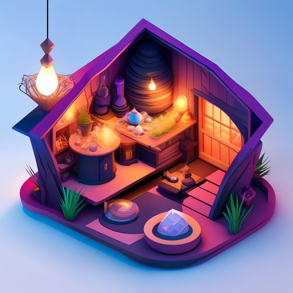 Duskamétrik Isometric section witch's cabin,Magic pot,Bubbling magic liquid,black cats,broom,crystal sphere, Incredibly detailed background bokeh edge lighting by Duska Metric