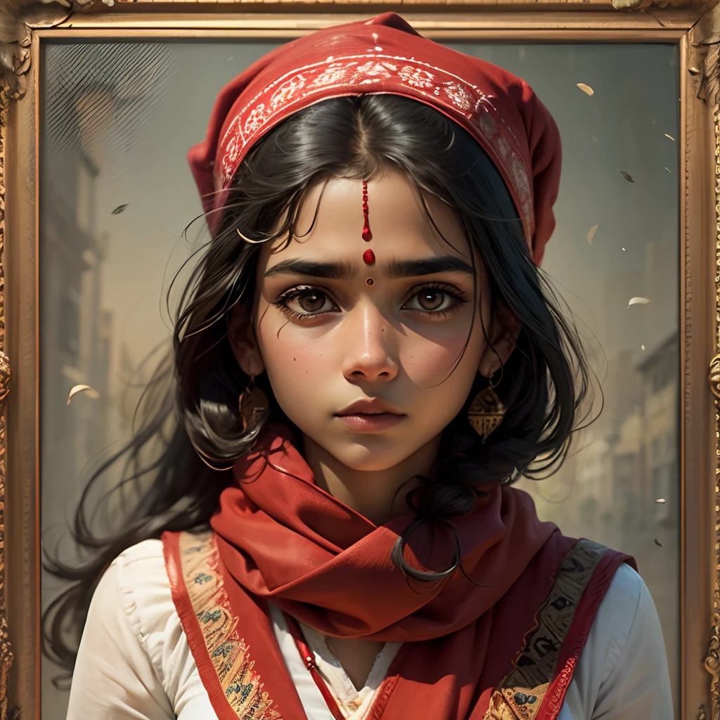 picture of a indian girl a red scarf on her head /picture in a frame /realistic, mind blowing, and attractive too see. --auto --s2