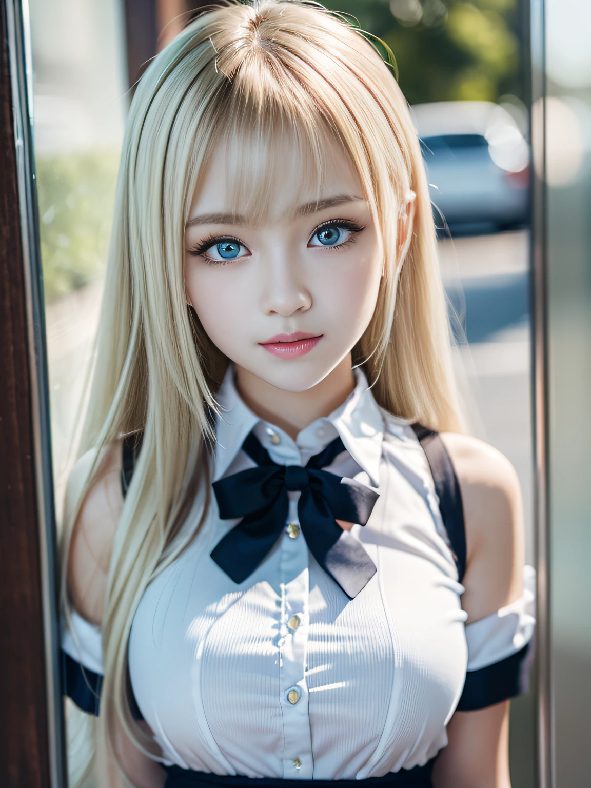 ((Highest quality)), ((masterpiece)), (detailed), high ponytail long hair, ((Blonde hair)), Beautiful girl, Very Cute Eyes, Green eyes, False eyelashes, (((Watery eye))), (handcuffs on wrists:1.3), (Blushed:1.3), Glossy thick lips, piercings, (police officer), damaged clothes, outside, raining, crowded city, fog, twilight, neon sign,