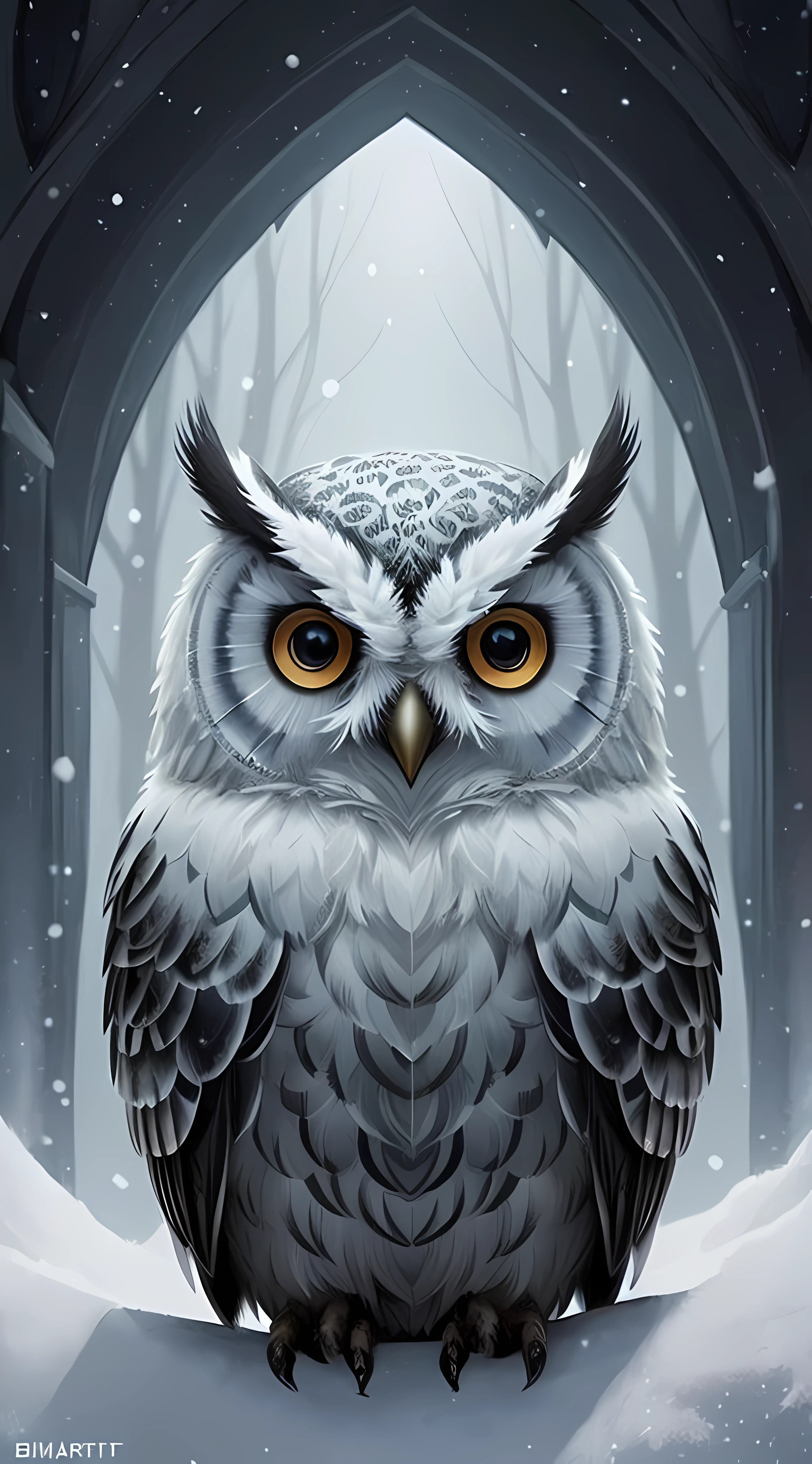 uma coruja sentada em um galho em uma floresta nevada, coruja branca brilhante, the wisest of all owls, Coruja Radiante, kerem beyit, Animais bonitos detalhados, arte detalhada, hyperrealistic robot owl, owl studio, assistente coruja, pintura digital altamente detalhada, por Kerembeyit, arte digital altamente detalhada, Highly detailed illustration, coruja incandescente,4k , 8k