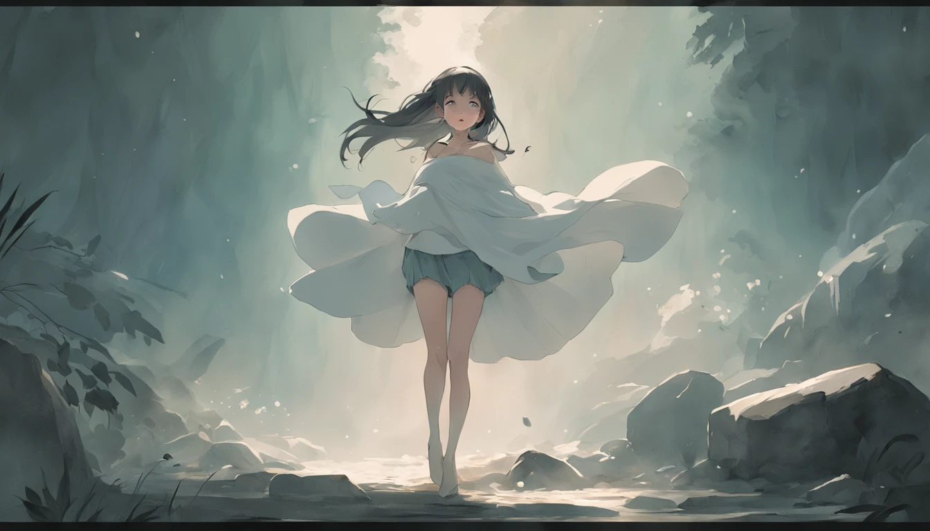 Motion blur, Depth of field,A place where strange boulders are bent,ln the forest,small stream,inverted image,extreme light,fog atmosphere,The moonlight shone on the side of the girl's face,22 year old,realisticlying,no-bra,a white long skirt,Extra-long sleeves,Off-the-shoulder attire,huge tit,cleavage,Full-length colorful hair,Messy hair,Barefoot,Full body like,realskin,realcumAI,Snow-white skin,Snow-white thighs,Top image quality,Extreme light and shadow,Colorful tights,High details,Standing painting,lines of movement,Dance,komono,PC Wallpapers,Two-thirds of the canvas generates the body,move chart,