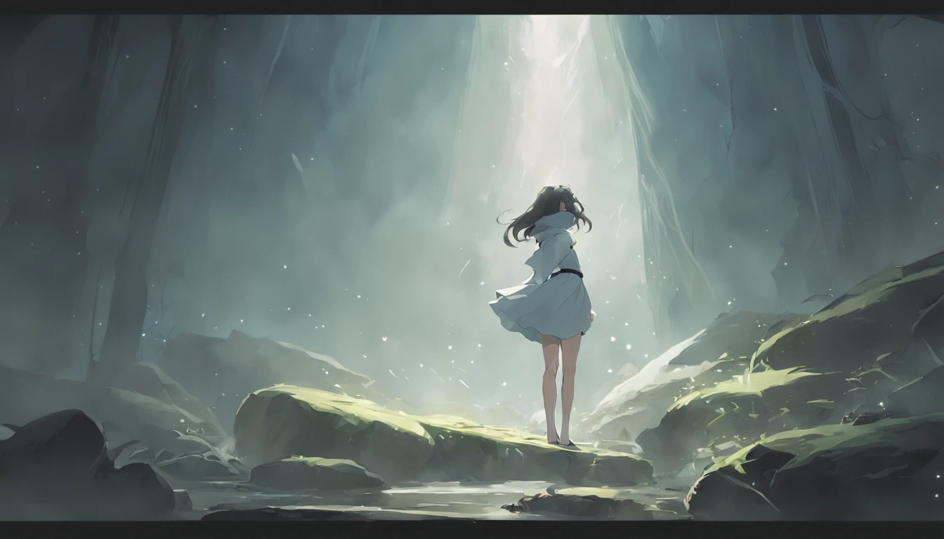 Motion blur, Depth of field,A place where strange boulders are bent,ln the forest,small stream,inverted image,extreme light,fog atmosphere,The moonlight shone on the side of the girl's face,22 year old,realisticlying,no-bra,a white long skirt,Extra-long sleeves,Off-the-shoulder attire,huge tit,cleavage,Full-length colorful hair,Messy hair,Barefoot,Full body like,realskin,realcumAI,Snow-white skin,Snow-white thighs,Top image quality,Extreme light and shadow,Colorful tights,High details,Standing painting,lines of movement,Dance,komono,PC Wallpapers,Two-thirds of the canvas generates the body,move chart,
