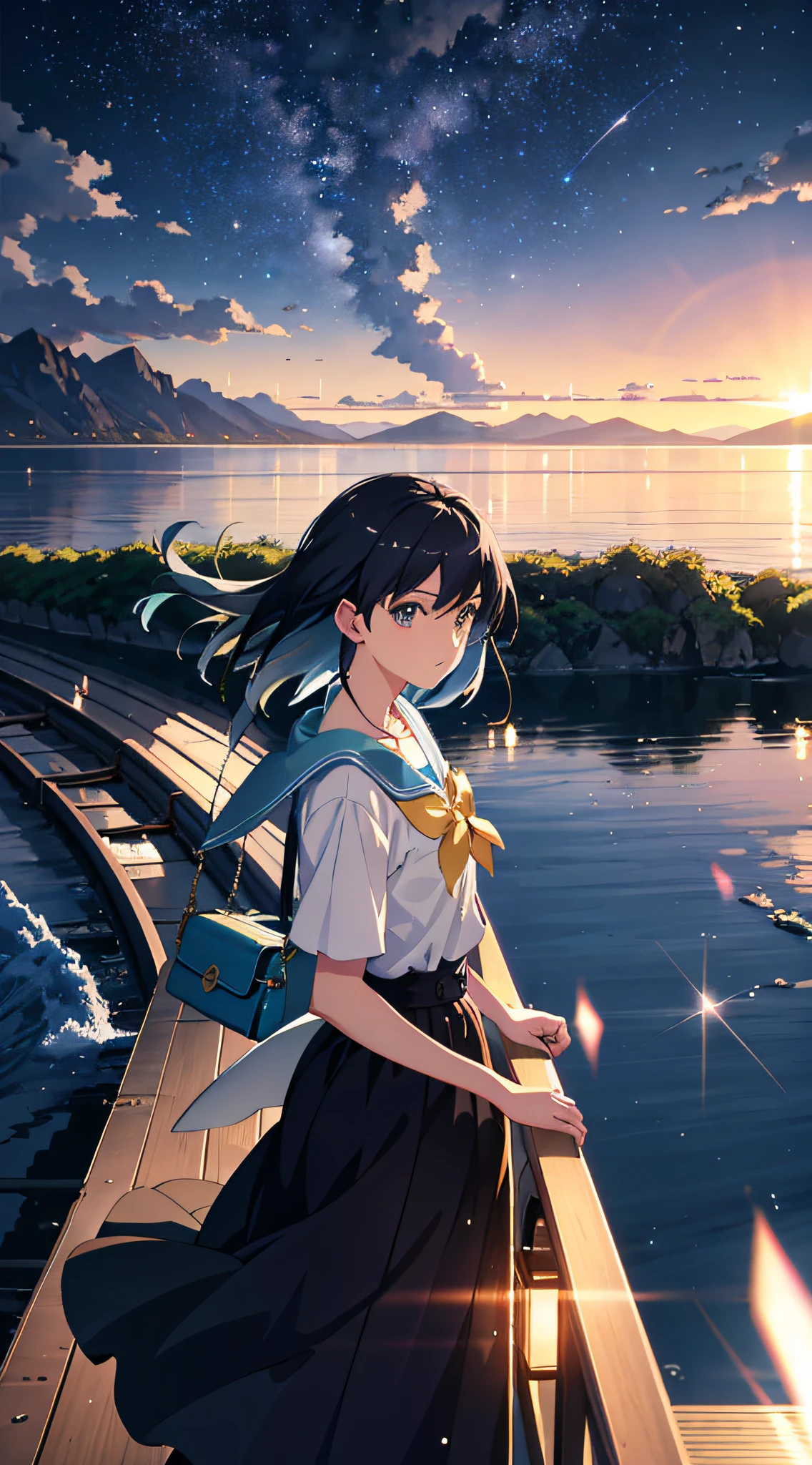 High quality masterpiece, landscape, anime train passing through bodies of water on tracks, bright starry sky. Romantic train, pixiv, concept art, lofi art style, reflection. by Makoto Shinkai, lofi art, Beautiful anime scene, Anime landscape, detailed scenery —width 672, in style of Makoto shinkai, style of Makoto shinkai, enhanced details.