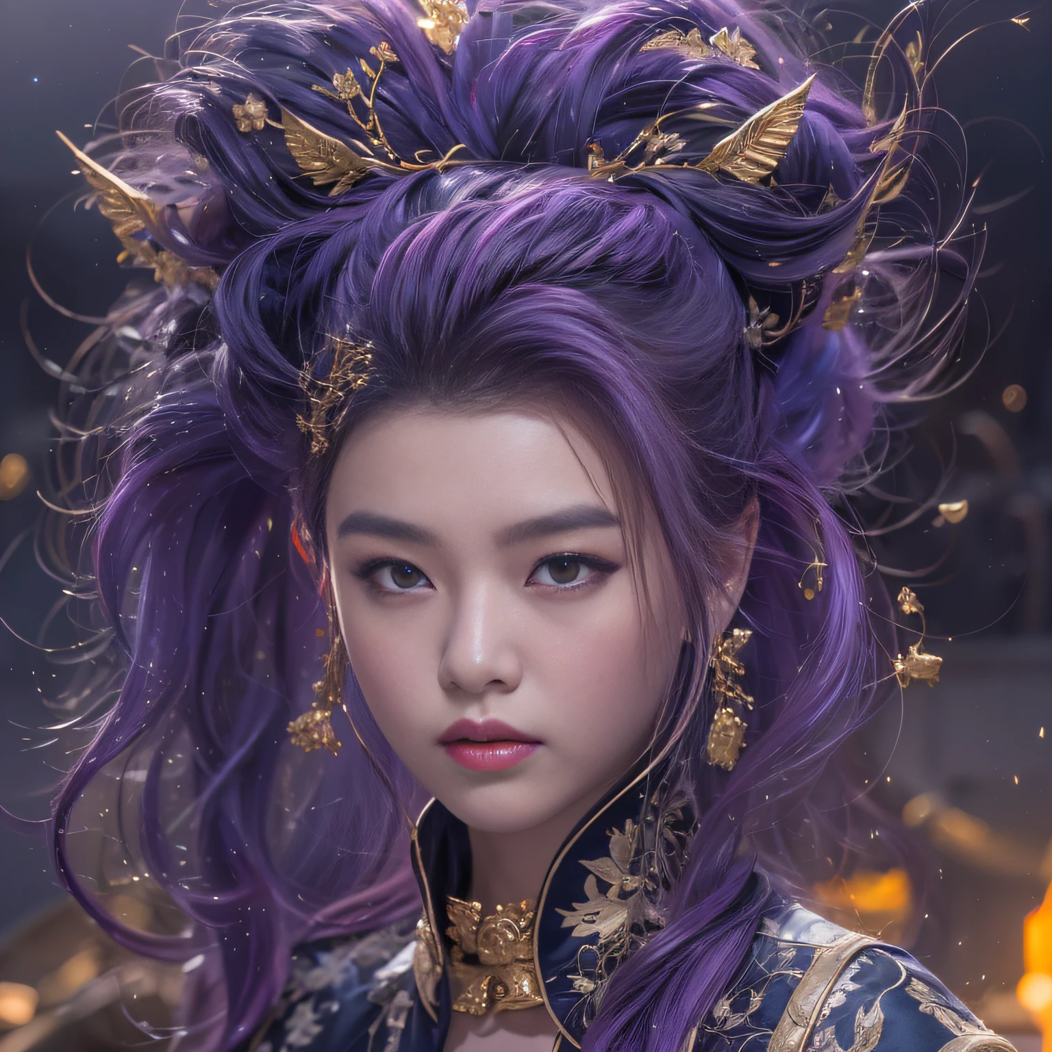 32K(tmasterpiece,k hd,hyper HD,32K)Long flowing bright purple hair,Autumn Pond,zydink, a color, Asian people (Silly girl), (Silk scarf), Combat posture, looking at the ground, long whitr hair, Floating bright purple, Fire cloud pattern gold tiara, Chinese long-sleeved gold silk garment, (abstract ink splash:1.2), white backgrounid,Lotus protector(realisticlying:1.4),Bright purple hair,Smoke on the road,The background is pure, A high resolution, the detail, RAW photogr, Sharp Re, Nikon D850 Film Stock Photo by Jefferies Lee 4 Kodak Portra 400 Camera F1.6 shots, Rich colors, ultra-realistic vivid textures, Dramatic lighting, Unreal Engine Art Station Trend, cinestir 800,Long flowing bright purple hair