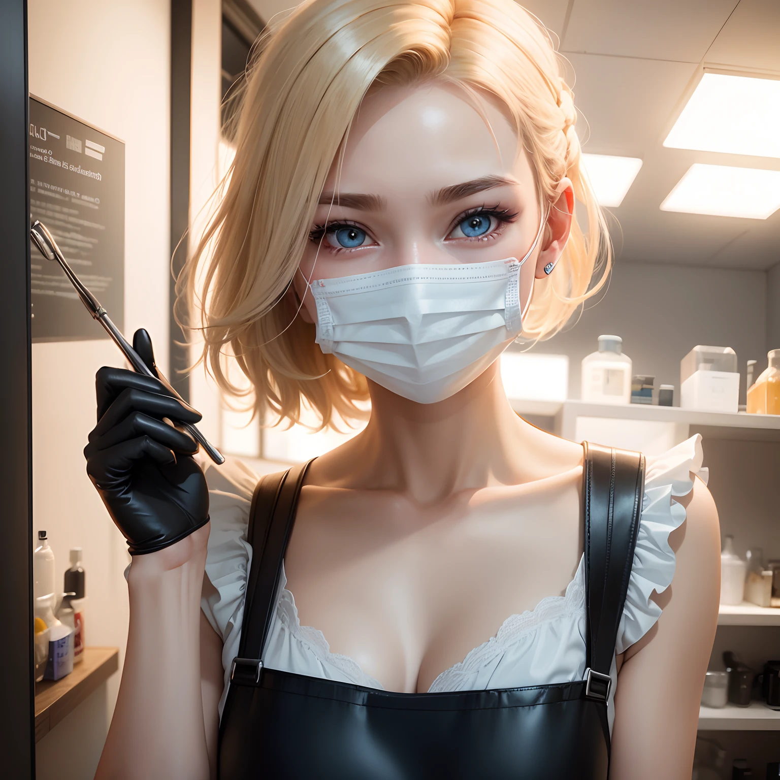 Czech woman、20yr old、Eyes that laughed、Human skin feel、Realistic Woman、a blond、Paper Apron、Dental Hygienist、dentistry、dentist、Solo Shot、short-cut、surgical mask、masks、gloves、rubber glove、