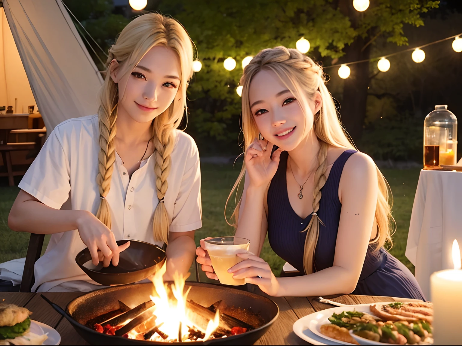 25-years old、femele、Eye Catch、a blond、Braids、Intimate smile、Barbecue at Camp、Cool breeze、bonfire
