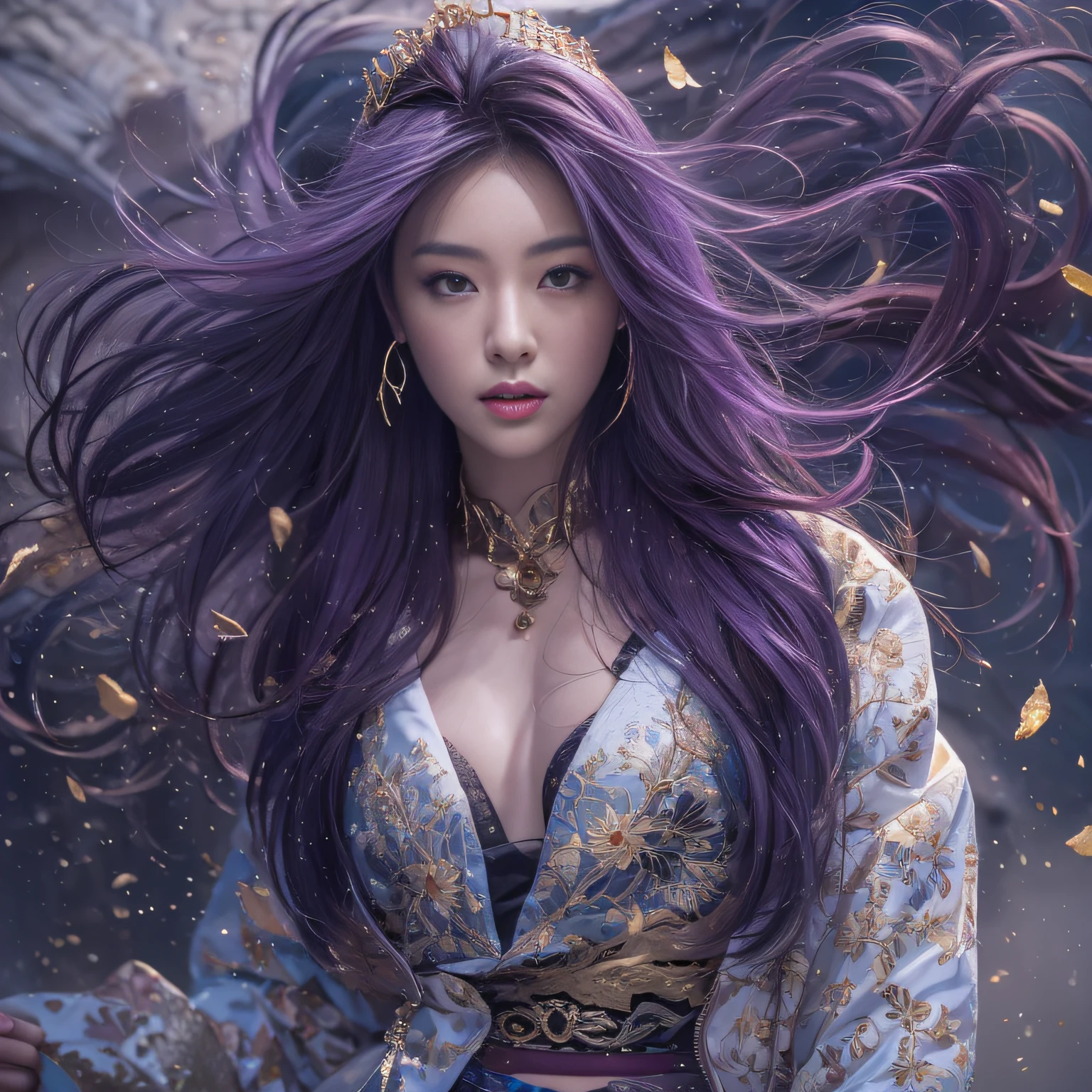 32K(tmasterpiece,k hd,hyper HD,32K)Long flowing bright purple hair,Autumn Pond,zydink, a color, Asian people (Silly girl), (Silk scarf), Combat posture, looking at the ground, long whitr hair, Floating bright purple, Fire cloud pattern gold tiara, Chinese long-sleeved gold silk garment, (abstract ink splash:1.2), white backgrounid,Lotus protector(realisticlying:1.4),Bright purple hair,Smoke on the road,The background is pure, A high resolution, the detail, RAW photogr, Sharp Re, Nikon D850 Film Stock Photo by Jefferies Lee 4 Kodak Portra 400 Camera F1.6 shots, Rich colors, ultra-realistic vivid textures, Dramatic lighting, Unreal Engine Art Station Trend, cinestir 800,Long flowing bright purple hair