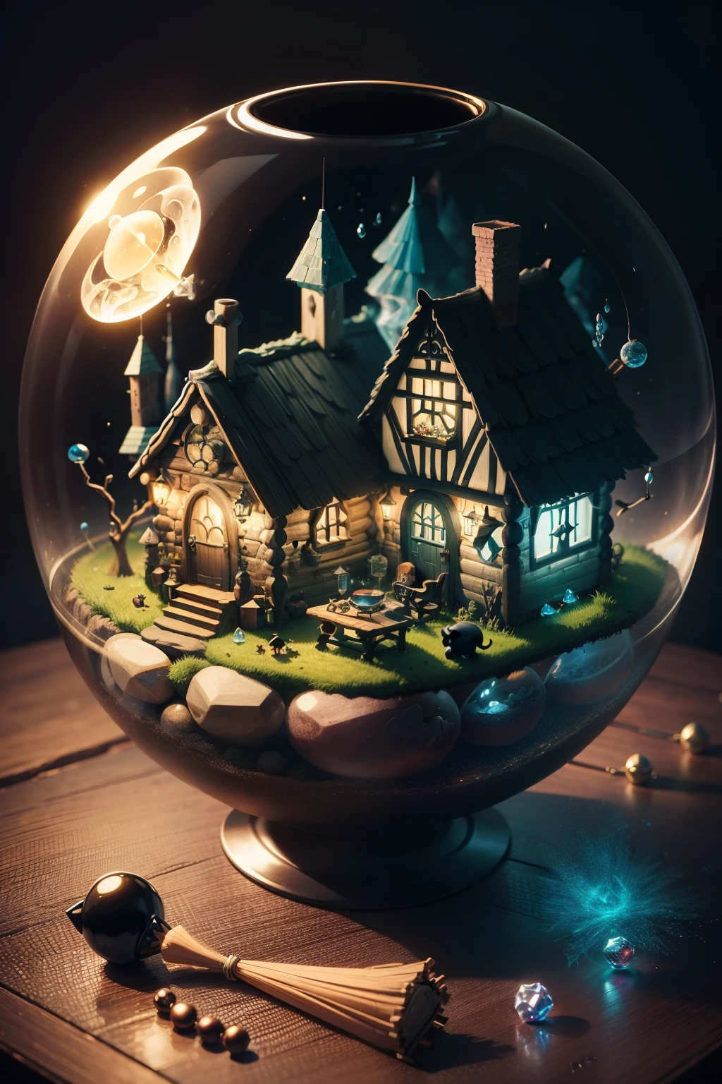 isometric design，cut-away，The witch's cabin，Magic pot，Bubbling magic liquid，black cats，broom，crystal sphere，mini sence，adolable，dream magical，Incredibly detailed background，Detailed items