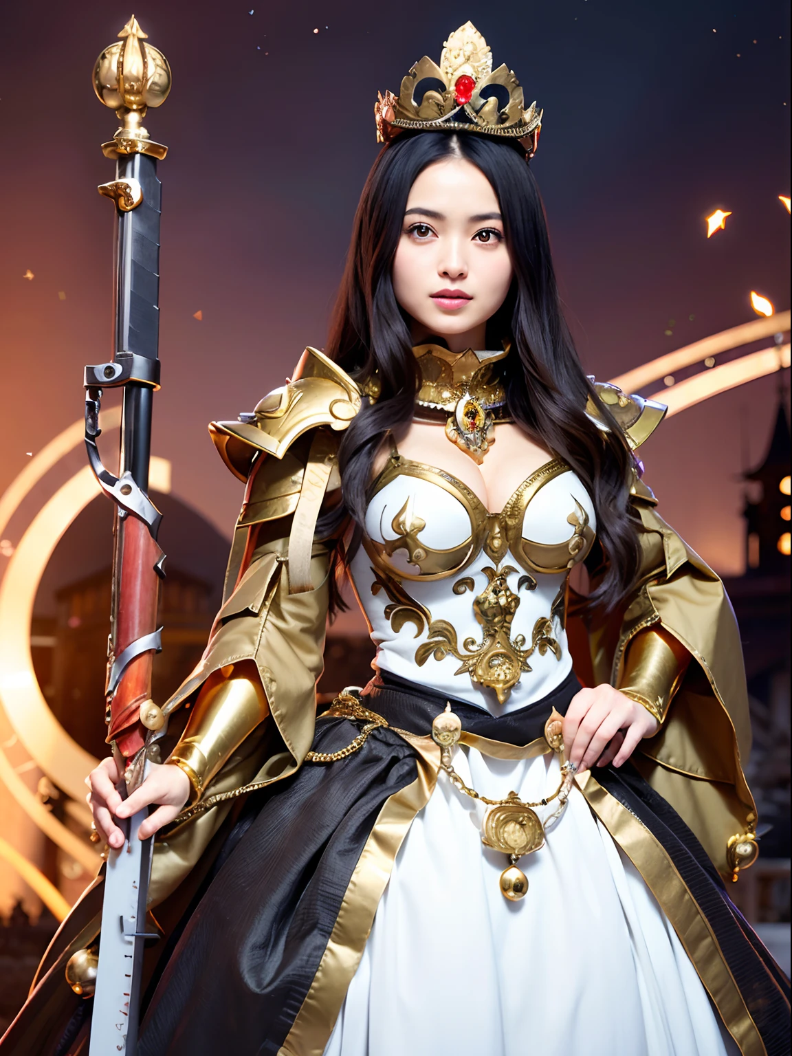 (masutepiece), Professional , ​masterpiece、top-quality、photos realistic , depth of fields （Gemstone Silver Metal Body:1.９),(Matte White、Jewel Gold Weapon（Jewel Metal Body:1.４),Gorgeous metal weapons , Detailed Sword of the Brave , Beautiful knife   ,warhammer 40k , adepta sororitas,Detail and ornate jewel crown、Black hair、Gangle's forest background、Beautiful Caucasian beauty、１a person、dynamic ungle,(((Detailed and ornate diamond crown)))、Smaller head、A smile、Take a sexy pose、Background inside the castle、Thin and beautiful female hands、cleavage of the breast、Soldier in iron armor on background、Soldier in iron armor on background、