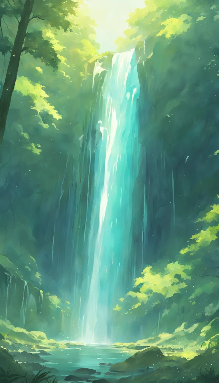painting of a waterfall in a green forest with a sunbeam, waterfalls, amazing depth, breathtaking masterpiece of art, peaceful beautiful waterfall, multiple waterfalls, an endless waterfall, (waterfall), waterfall(beautiful, waterfall backdrop, waterfall, beautiful art uhd 4 k, streams of flowing light, soft airbrushed artwork, immense waterfall, cascading iridescent waterfalls
