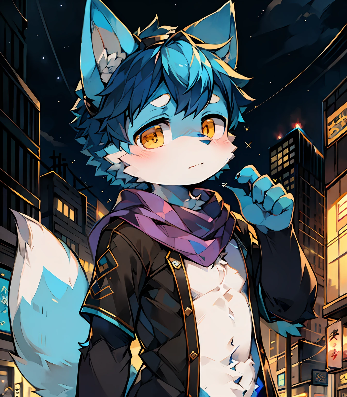 Highest image quality，Delicate painting style，Delicate hook lines，tmasterpiece，Fine fine skin，Delicate hair，Complete painting，A masterpiece，Delicate hands，finely-detailed eyes，Normal eyes，Furry，Golden eyes，Handsome，（（Blue-purple scarf）），Shota，cyber punk perssonage, Blue pupil，Clear blue hair：1.2，Blue fur, Fluffy tail, city night scene,, Dappled light and shadow, Boy，There are bright eyes of God、Circuit lines that surround you in the air, 城市，Blue fur