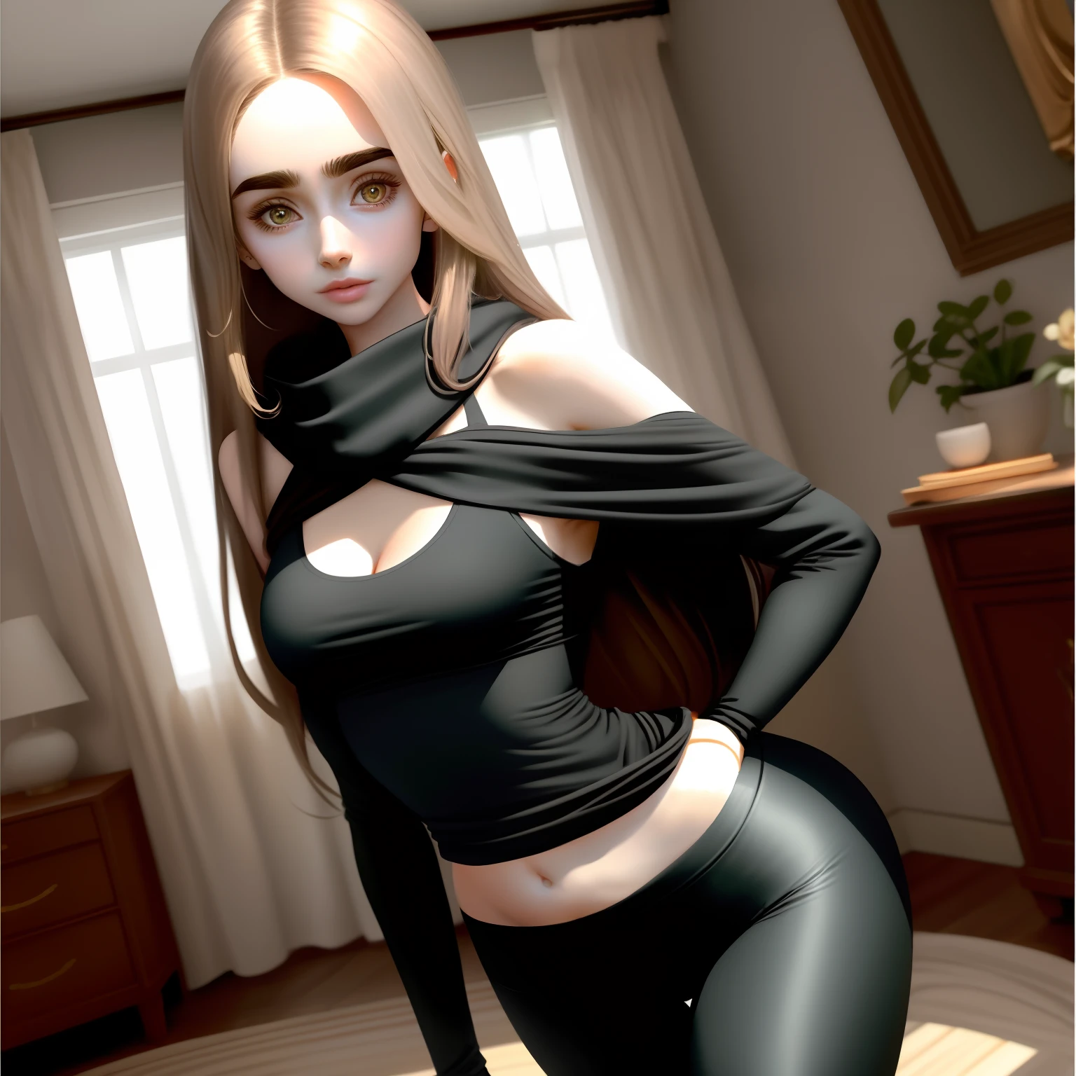 Exposed aristocrat, dressed in nylon leggings and a lustful expression sits upon her face