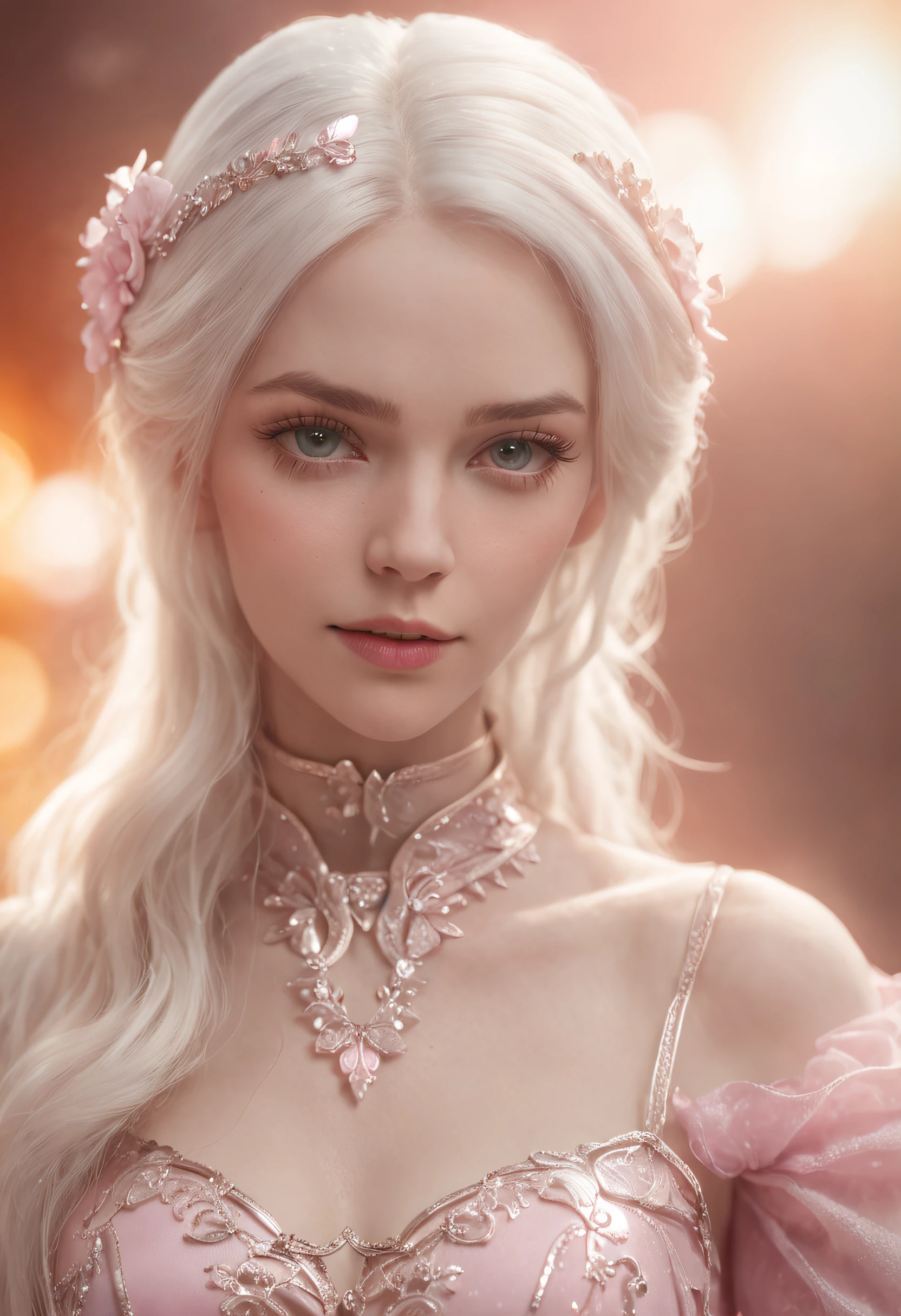 blond woman with white hair and glowing lights in a pink dress, beautiful digital artwork, fantasy gorgeous lighting, gorgeous digital art, stunning digital illustration, digital fantasy art ), 3 d render character art 8 k, a stunning young ethereal figure, 4k highly detailed digital art, ethereal fantasy, very beautiful digital art, beautiful digital art, fantasy digital art, digital fantasy art