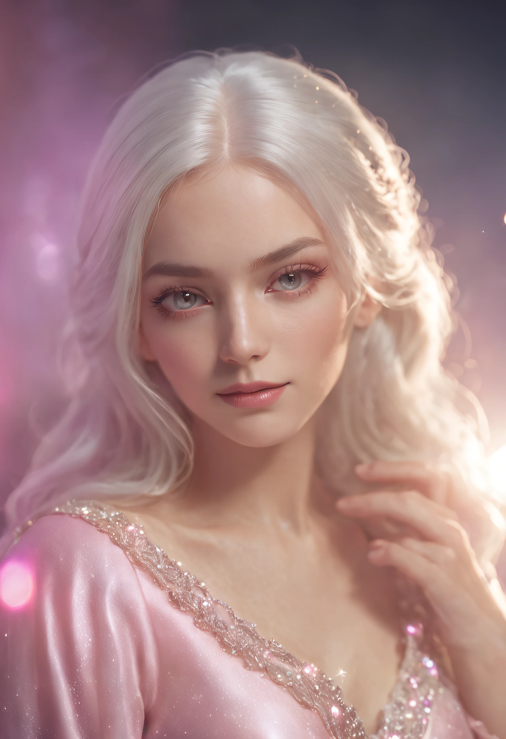 blond woman with white hair and glowing lights in a pink dress, beautiful digital artwork, fantasy gorgeous lighting, gorgeous digital art, stunning digital illustration, digital fantasy art ), 3 d render character art 8 k, a stunning young ethereal figure, 4k highly detailed digital art, ethereal fantasy, very beautiful digital art, beautiful digital art, fantasy digital art, digital fantasy art