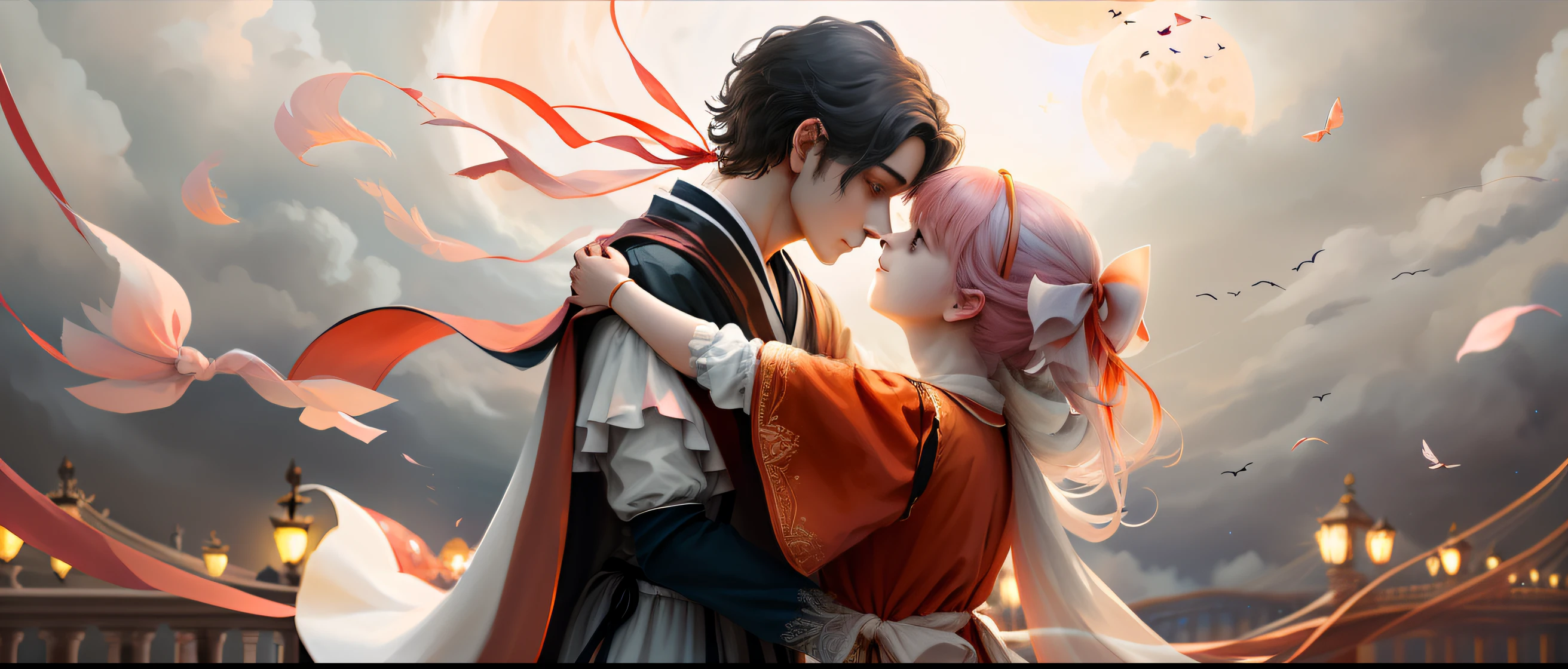 (An extremely delicate and beautiful work),(tmasterpiece),best qualityer,The face is clear,dream magical,The sky has a pink full moon and some bits of starlight,There are some peach blossom petals fluttering around,There are many in between((Magpies form bridges:1.5)),One on the bridge is dressed(long blue robes),(The one with a ribbon tied around the waist((man))(Hold))One flew from above,wearing long white togas,A red ribbon is tied around the waist,(Streamers float on both shoulders)of women,tmasterpiece,Masters paint,high qulity,A high resolution