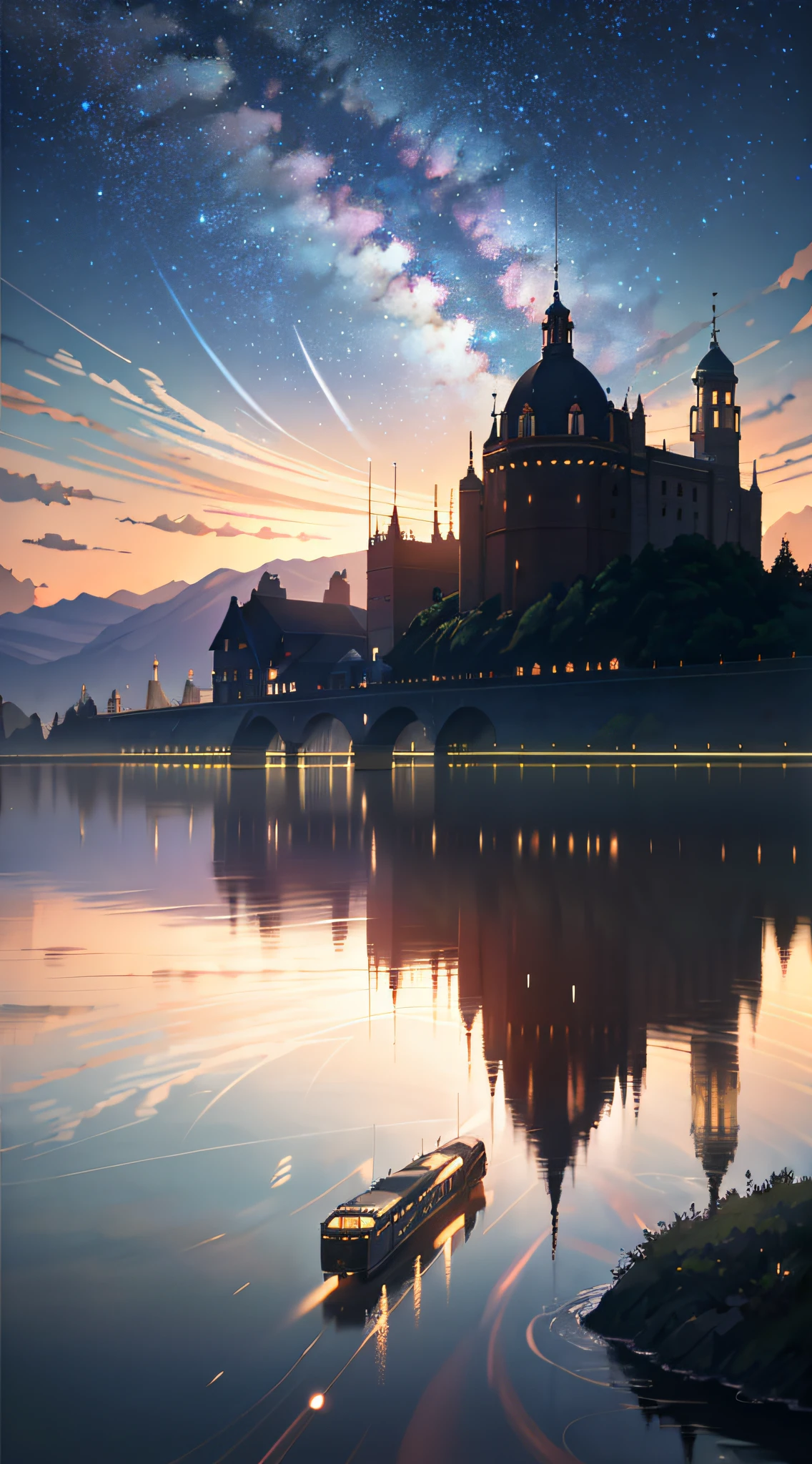 High quality masterpiece, landscape, anime train passing through bodies of water on tracks, bright starry sky. Romantic train, pixiv, concept art, lofi art style, reflection. by Makoto Shinkai, lofi art, Beautiful anime scene, Anime landscape, detailed scenery —width 672, in style of Makoto shinkai, style of Makoto shinkai, enhanced details.