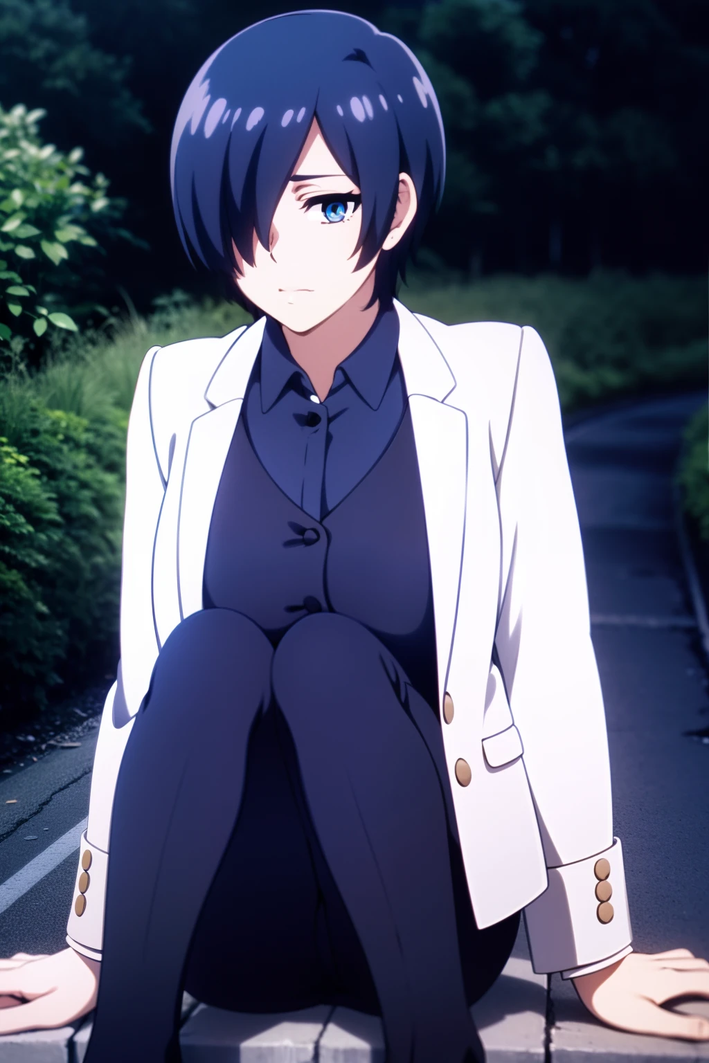 RAW photo, a portrait photo of  woman, one of (high detailed skin:1.2), 8k uhd, dslr, soft lighting, high quality, film grain, Fujifilm XT3, white suit, ((blue eye)) , short hair, full body, wearing black pants , sitting on road side, outdoor