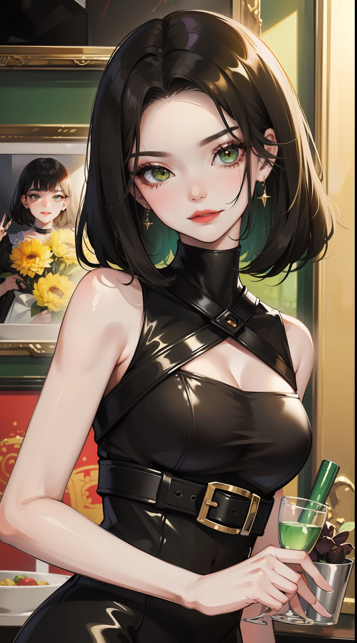 young girl, short black hair, Green eyes, black tight dress, Gold Elements, red elements, black eye shadow, Green lipstick, smirk, Masterpiece, hiquality