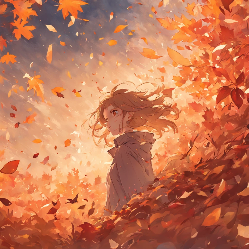 A girl misses her lover in the autumn breeze，Autumn scene，Beautiful and romantic，minimal style，Out of focus，illustration，falling leaf，detail-rich，depth of fields，Originality，down view，aerial shot