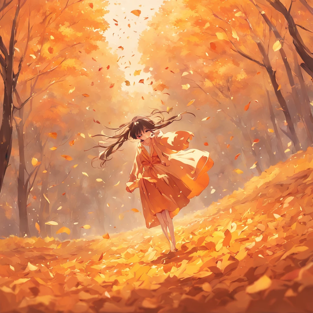 A girl misses her lover in the autumn breeze，Autumn scene，Beautiful and romantic，minimal style，Out of focus，illustration，falling leaf，detail-rich，depth of fields，Originality，down view，aerial shot
