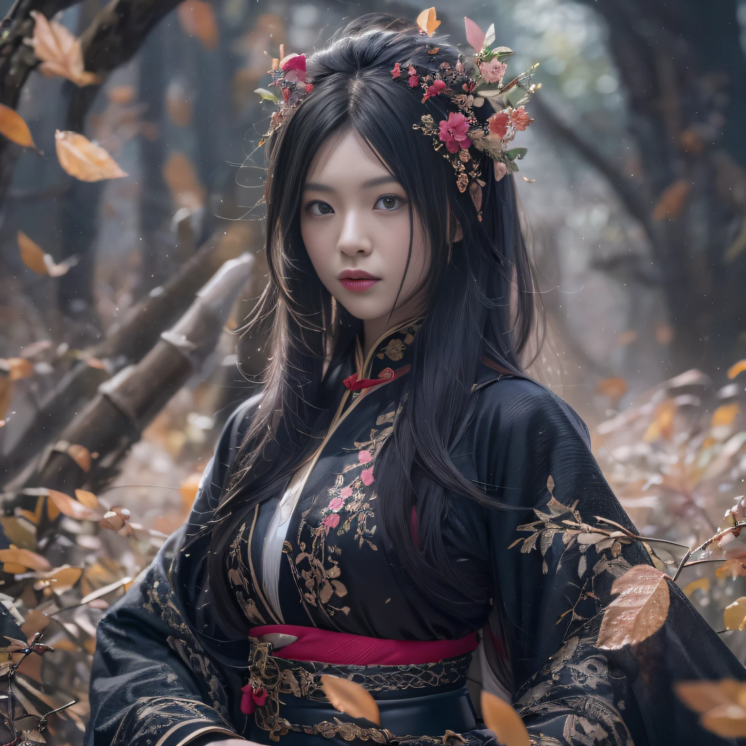 32K(tmasterpiece,k hd,hyper HD,32K)Long flowing black hair,Bamboo forest pond,zydink, a color, Asian people (Silly girl), (Silk scarf), Combat posture, looking at the ground, long whitr hair, Floating hair, Carp pattern headdress, Chinese long-sleeved clothing, (abstract ink splash:1.2), Pink petal background,Pink and white tulips fly(realisticlying:1.4),Black color hair,Fallen leaves flutter,Thick fog background, A high resolution, the detail, RAW photogr, Sharp Re, Nikon D850 Film Stock Photo by Jefferies Lee 4 Kodak Portra 400 Camera F1.6 shots, Rich colors, ultra-realistic vivid textures, Dramatic lighting, Unreal Engine Art Station Trend, cinestir 800,Long flowing black hair