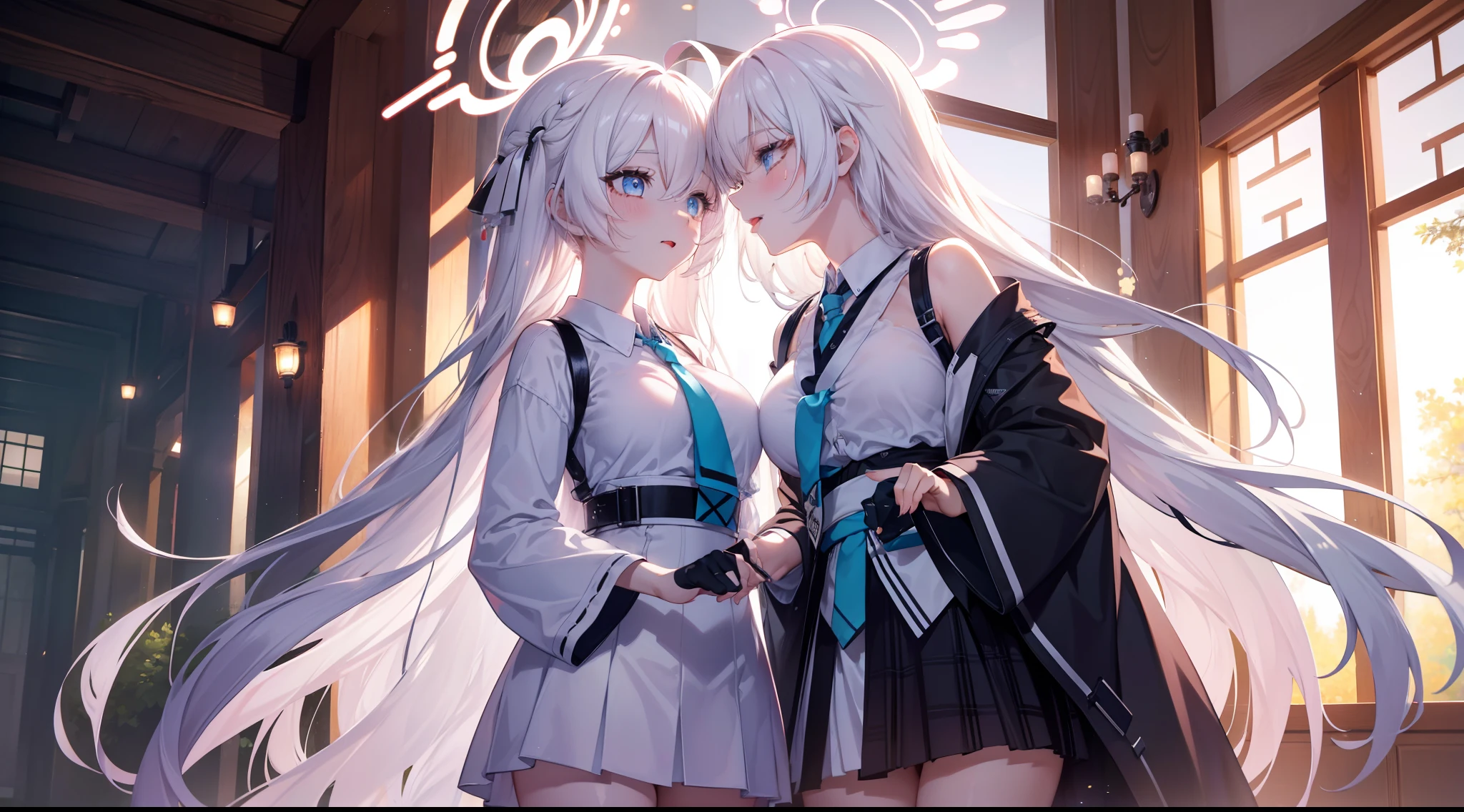 Masterpiece, Best quality, A high resolution, Ah 4, long  white hair, Japanese clothes, Bare shoulders, white thighhighs, Hair ribbon, Large breasts, forest, standing, Cowboy shot,make，2 girls，tongue kissing，Breast-to-breast contact，2girls,(Lady:1.2), ((Extremely detailed face, Hair, skin, Eyes)), hdr, 4K, 16k, 32K, 64k, 128k, 256k, 512k, Asymmetrical balance, teas, FXAA, Anti – Aliasing, Intricate details, Fantastic, magic, Light rays, Ray traching, post-proces, eyeslashes, (eye shadows), eyes liner, mascara, Makeup, Yuri, (Thighs:0.8) NSFW, Dynamic Angle(Large breasts),tongue kissing,grabbing breast