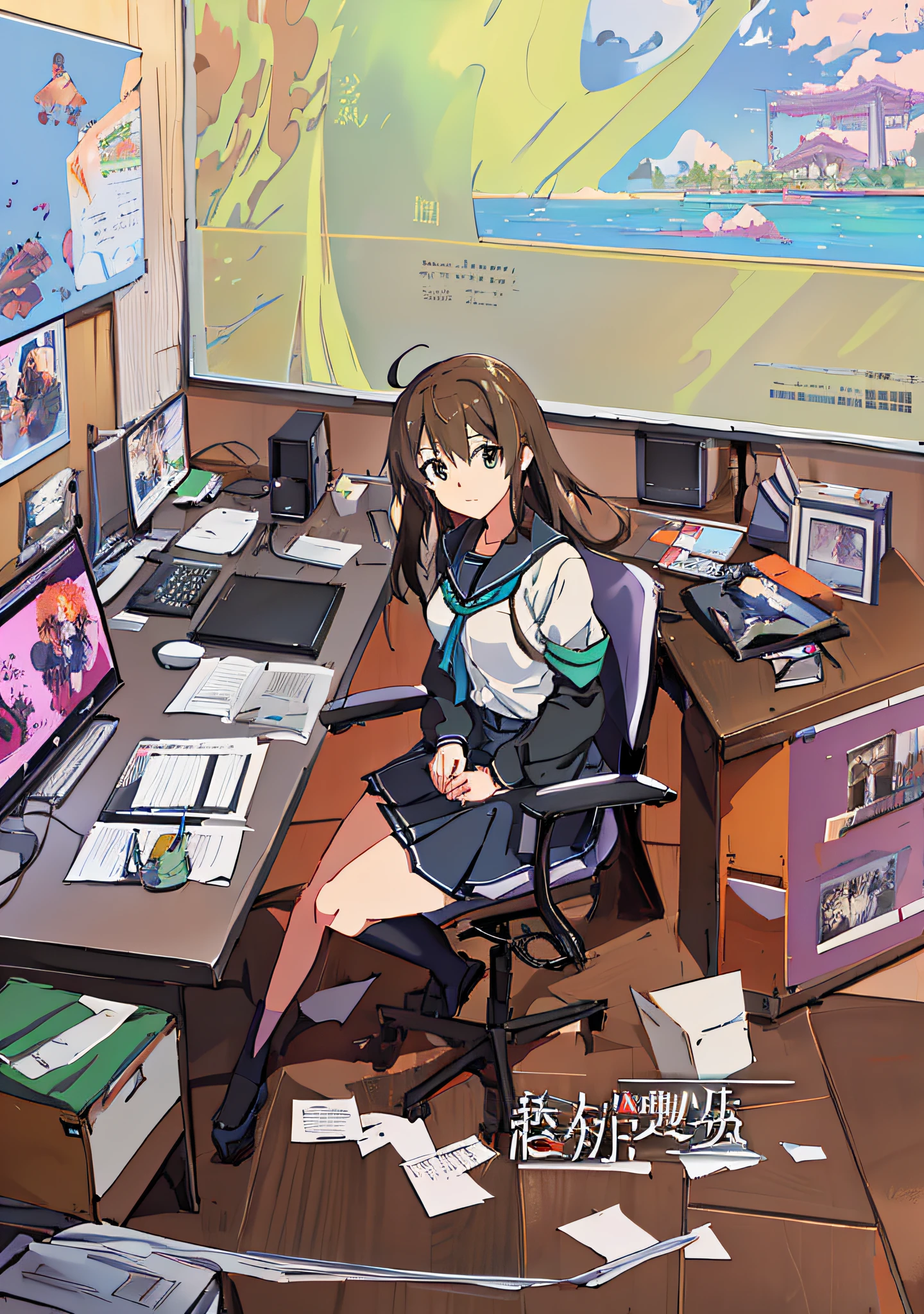 Anime girl sitting at desk,Hold your laptop and documents。, Makoto Shinkai. A digital rendering, Shinkai Makoto style, makoto shinkai art style, in style of kyoto animation, Kantai collection style, Honest, pixiv contest winner, drawn in anime painter studio, Anime moe art style, visual novels CG, at pixiv