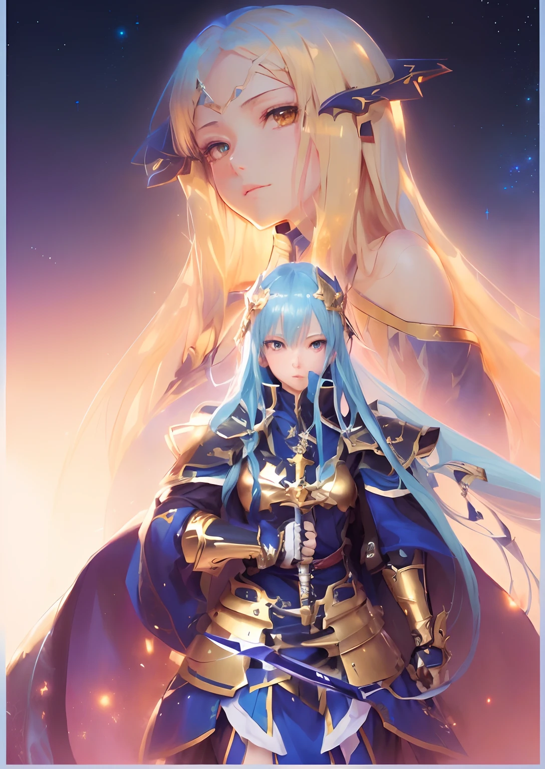 Anime – style image of woman with long blue hair and sword, zerochan art, portrait knights of zodiac girl, Gold Armor, by Shitao, knights of zodiac girl, high detailed official artwork, fus rei, Glittering golden armor, sao style anime, anime goddess, game art!!, hd artwork, Detailed key anime art、masterpiece、Night sky background、starrysky、The ultra -The high-definition、absolute、detail portrayal、top-quality、