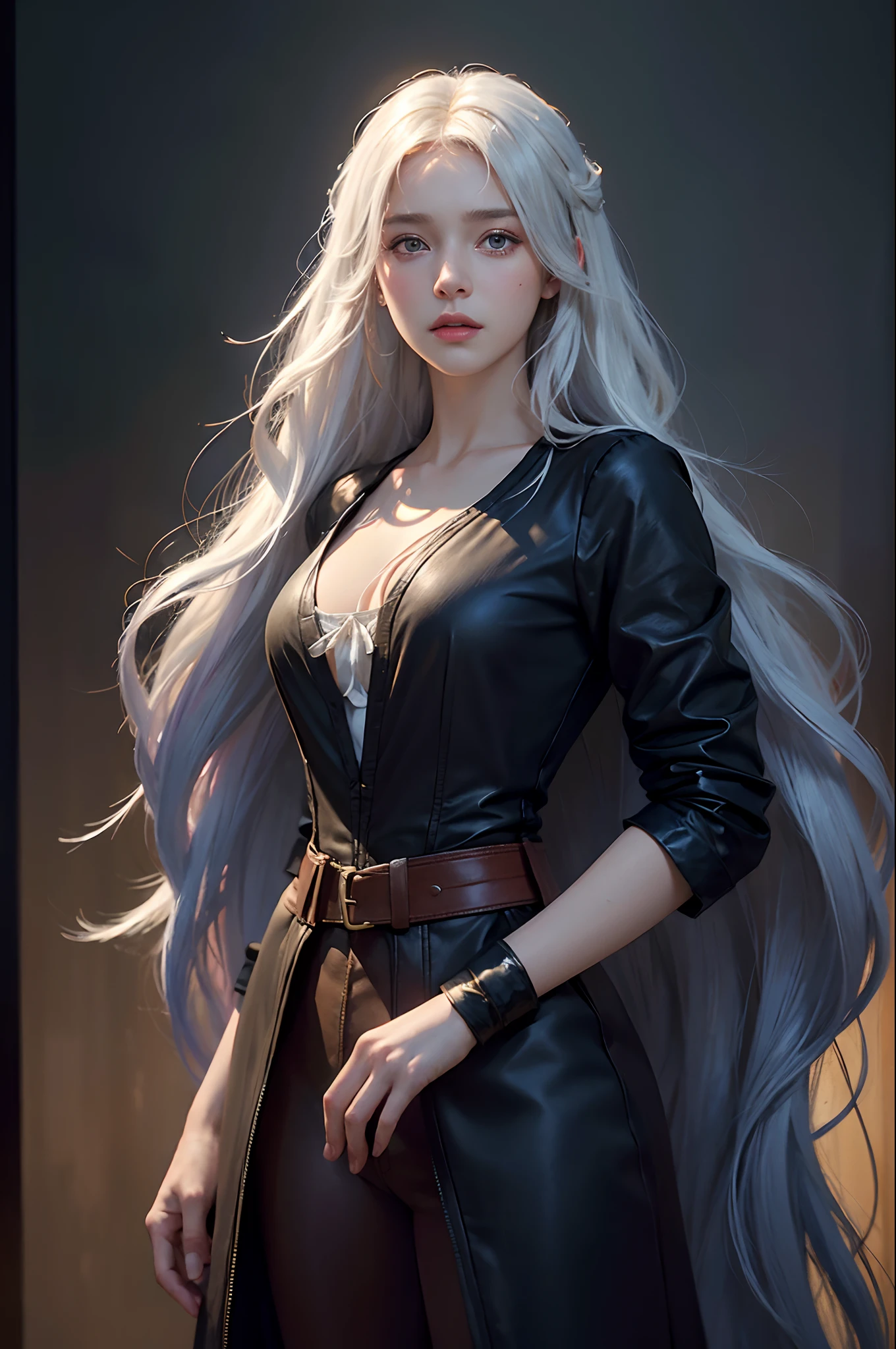 Hyperrealist portrait of female by david hockney and alphonse mucha,fantasy art, photo realistic, dynamic lighting, artstation, poster, volumetric lighting, very detailed faces, 4 k, award winning,, 1girl, in the dark, deep shadow, low key,cowboy shot,(official clothing:1.4) ,long hair,white hair,