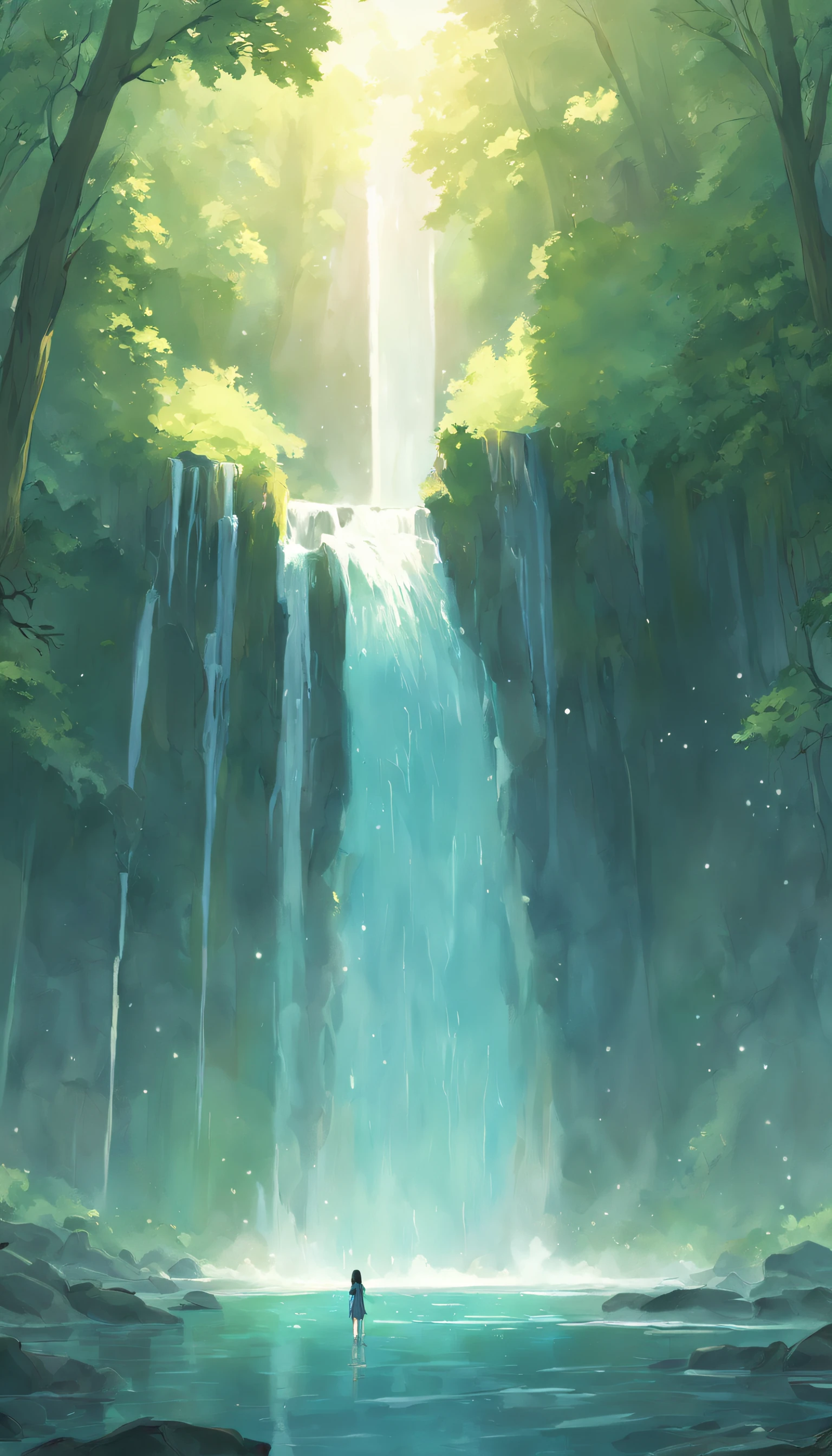 painting of a waterfall in a green forest with a sunbeam, waterfalls, amazing depth, breathtaking masterpiece of art, peaceful beautiful waterfall, multiple waterfalls, an endless waterfall, (waterfall), waterfall(beautiful, waterfall backdrop, waterfall, beautiful art uhd 4 k, streams of flowing light, soft airbrushed artwork, immense waterfall, cascading iridescent waterfalls
