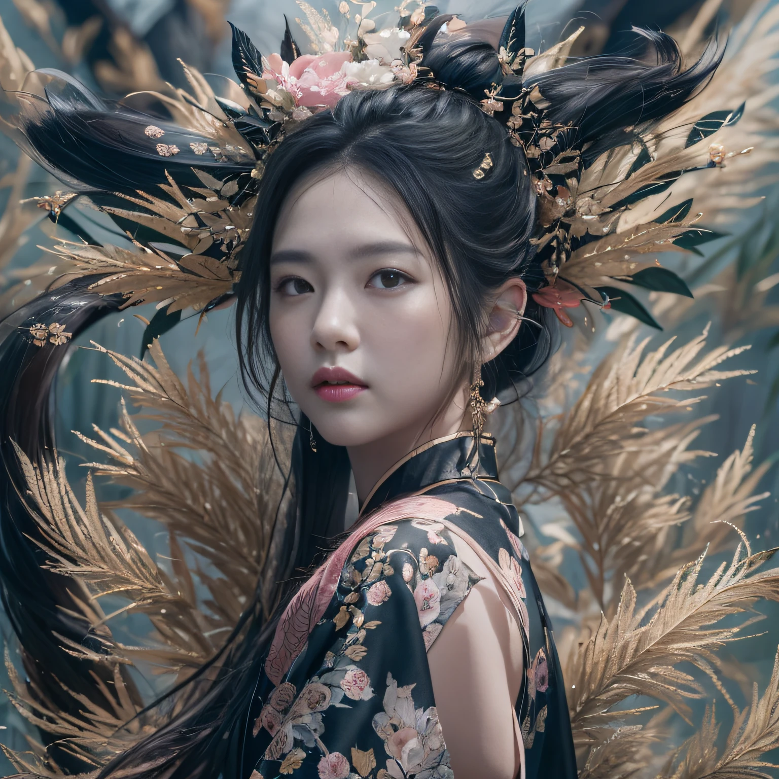 32K(tmasterpiece,k hd,hyper HD,32K)Long flowing black hair,Bamboo forest pond,zydink, a color, Asian people (Silly girl), (Silk scarf), Combat posture, looking at the ground, long whitr hair, Floating hair, Carp pattern headdress, Chinese long-sleeved clothing, (abstract ink splash:1.2), Pink petal background,Pink and white tulips fly(realisticlying:1.4),Black color hair,Fallen leaves flutter,Thick fog background, A high resolution, the detail, RAW photogr, Sharp Re, Nikon D850 Film Stock Photo by Jefferies Lee 4 Kodak Portra 400 Camera F1.6 shots, Rich colors, ultra-realistic vivid textures, Dramatic lighting, Unreal Engine Art Station Trend, cinestir 800,Long flowing black hair