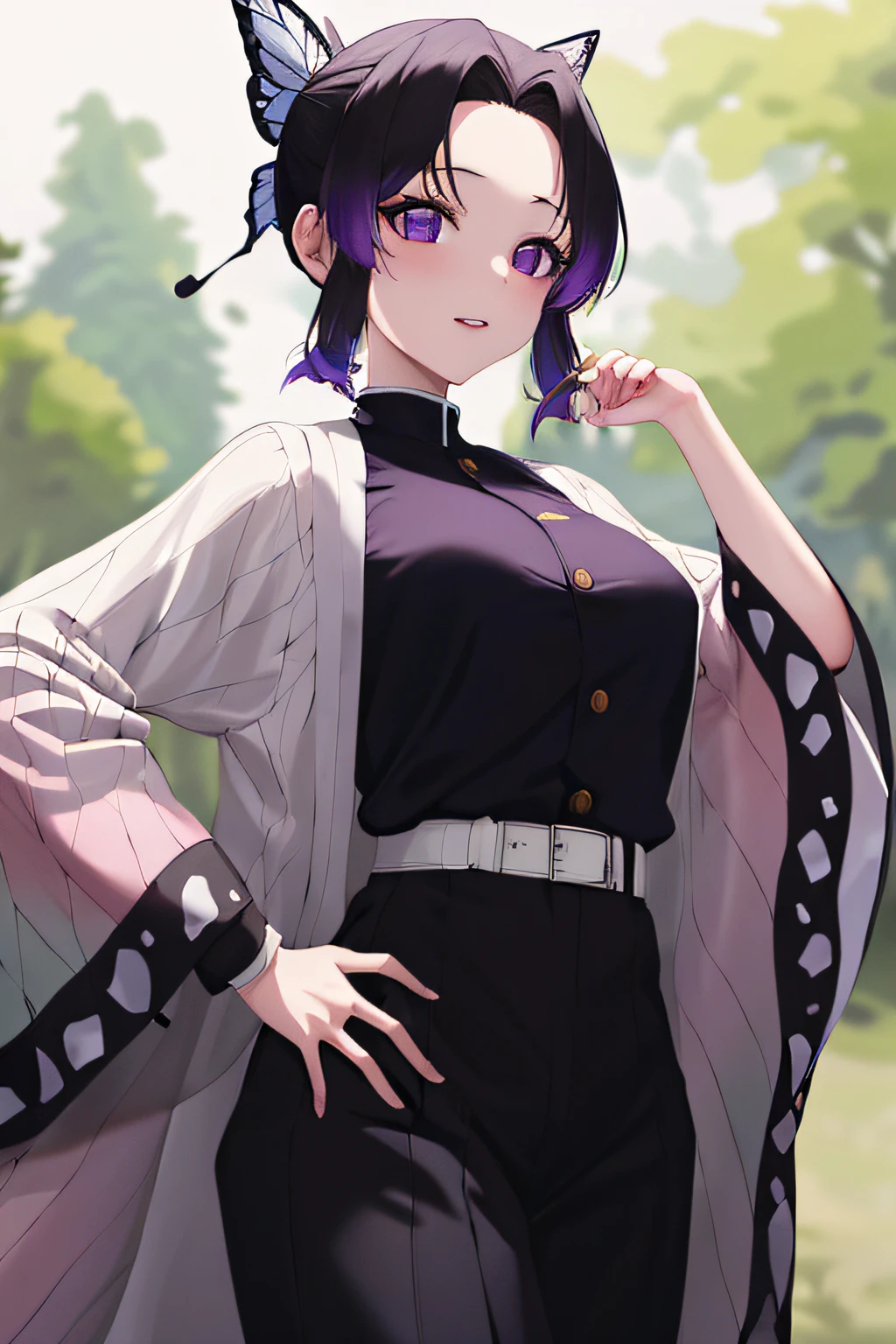 masterpiece, best quality, highres, 1girl, solo, kochou shinobu, butterfly hair ornament, purple eyes, multicolored hair, short hair, parted bangs, haori, wide sleeves, long sleeves, black pants, black jacket, belt, cowboy shot, hand on hip, outdoors