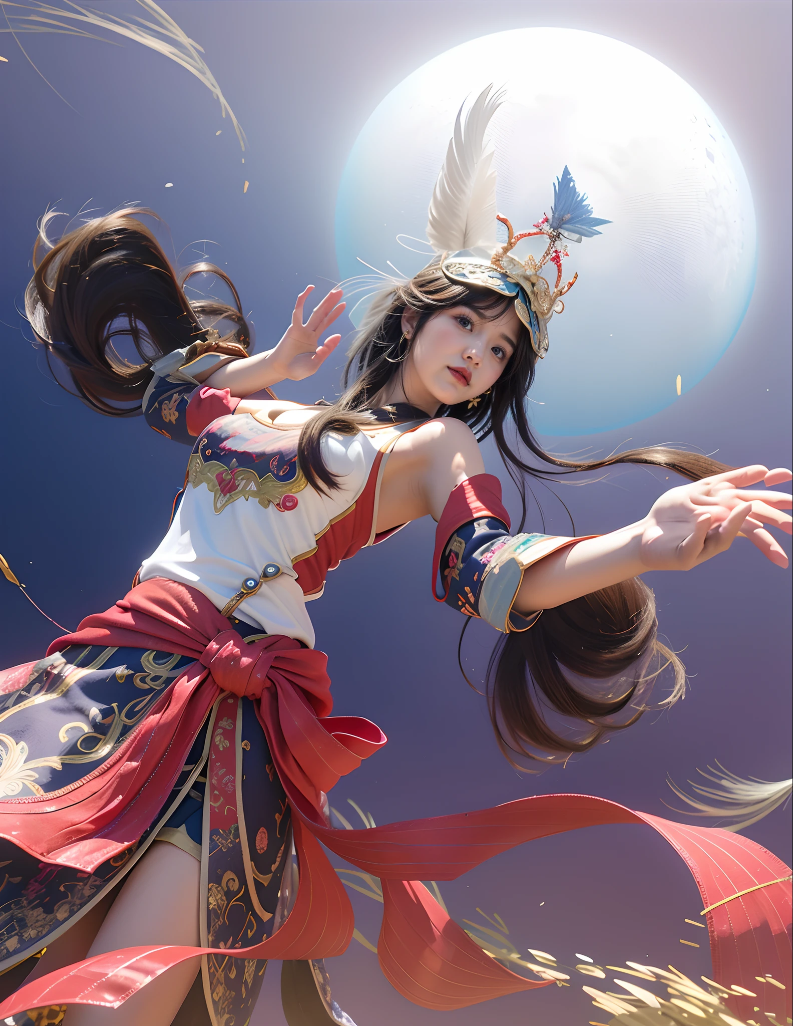 Anime girl flying in the air with hat and feathers, Beautiful digital artwork, Inspired by Fenghua Zhong, 2. 5 D CGI anime fantasy artwork, a beautiful fantasy empress, G Liulian art style, author：Qu Leilei, by Yang J, Beautiful celestial mage, Ruan Jia and Artgerm, Smooth anime CG art