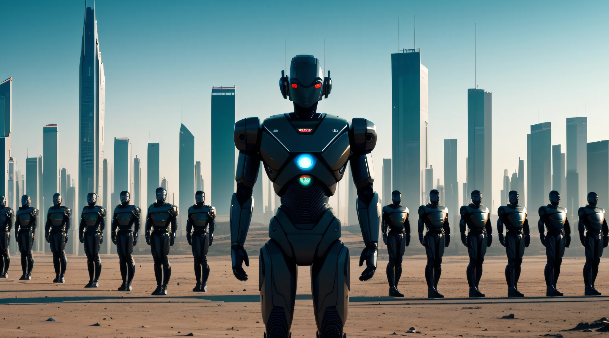 generate an image that depicts an army of androids lined up in strict formation. The androids should be aligned side by side, and behind them, there should be another row of androids in the same formation. The design and aesthetics of the androids should resemble those seen in the movie 'I, Robot' starring Will Smith. The perspective of the image should allow us to clearly see the rows of androids, highlighting their symmetry and organization