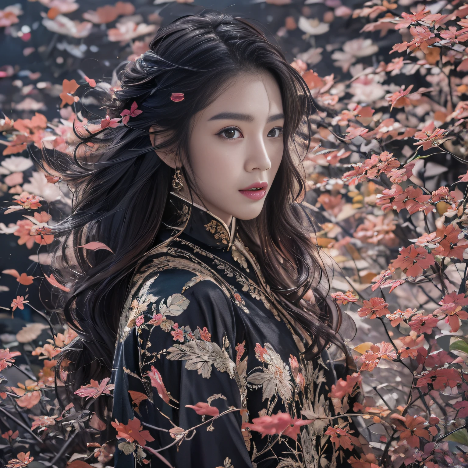 32K（tmasterpiece，k hd，hyper HD，32K）Long flowing black hair，ponds，zydink， a color，  Asian people （Silly girl）， （Silk scarf）， Combat posture， looking at the ground， long whitr hair， Floating hair， Carp pattern headdress， Chinese long-sleeved clothing， （abstract ink splash：1.2）， Pink petal background，Pink and white lotus flowers fly（realisticlying：1.4），Black color hair，Fallen leaves flutter，The background is pure， A high resolution， the detail， RAW photogr， Sharp Re， Nikon D850 Film Stock Photo by Jefferies Lee 4 Kodak Portra 400 Camera F1.6 shots, Rich colors, ultra-realistic vivid textures, Dramatic lighting, Unreal Engine Art Station Trend, cinestir 800，Long flowing black hair